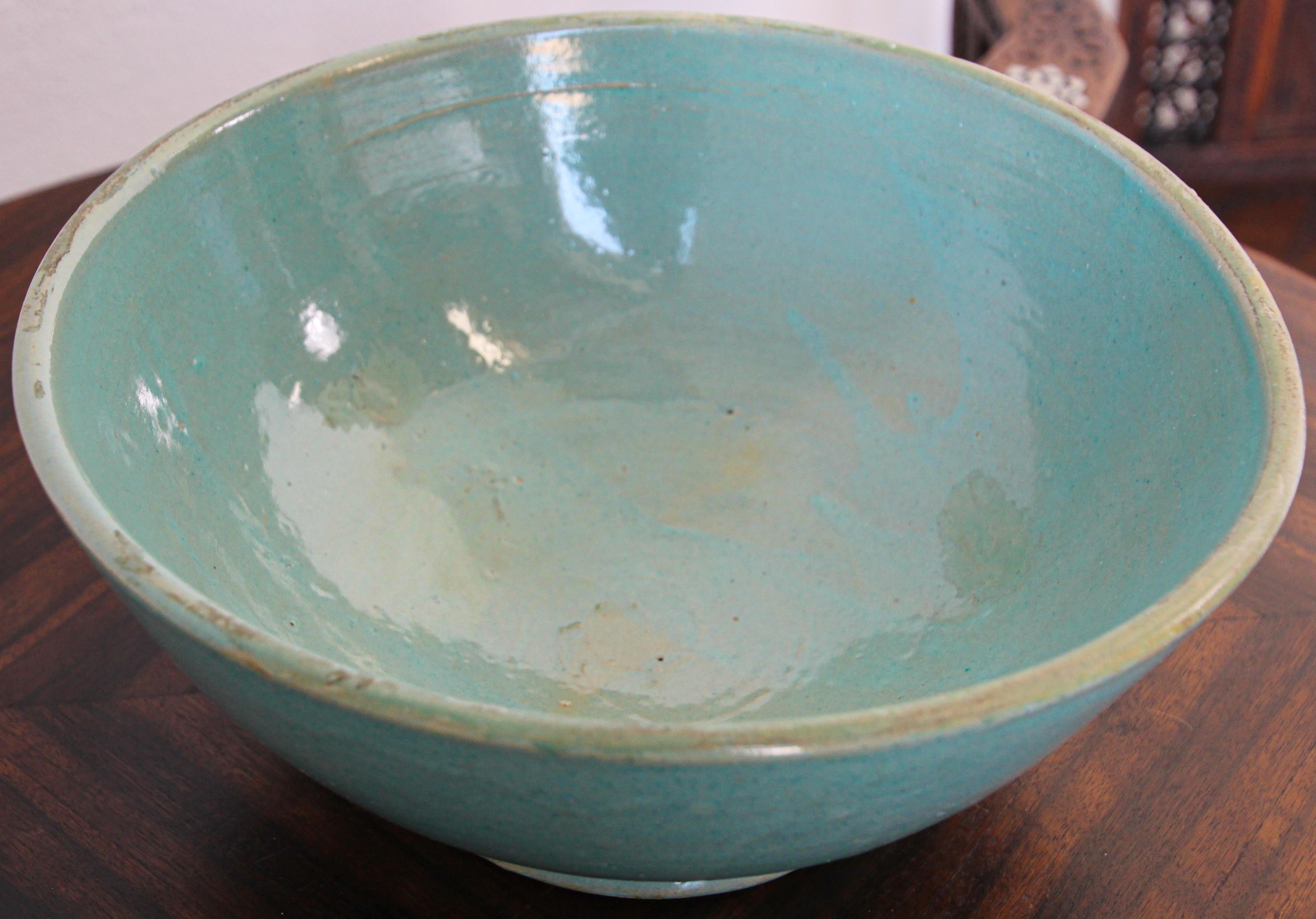 Hand-Crafted Glazed Teal Color Moroccan Earthenware Dish Bowl