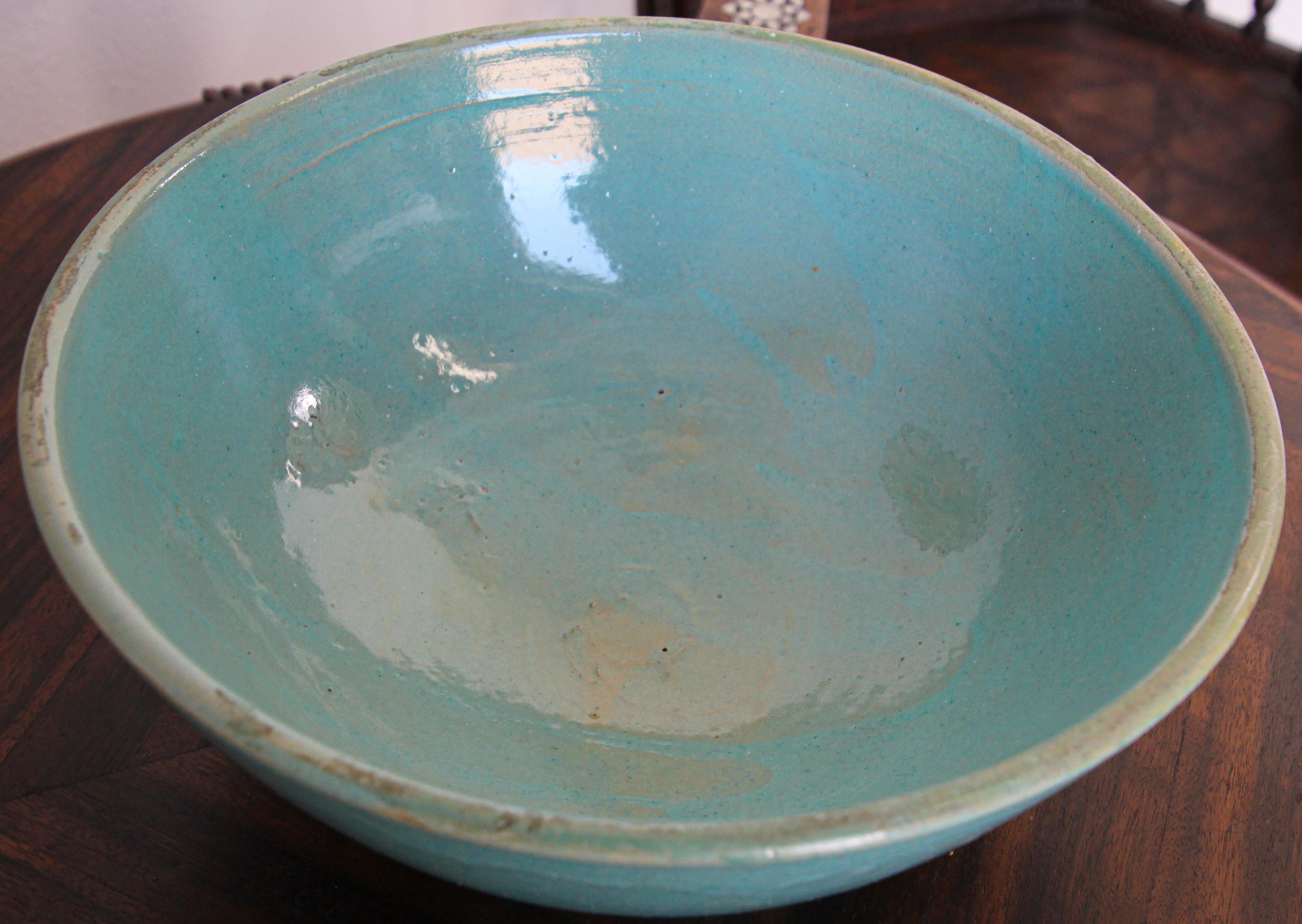 Glazed Teal Color Moroccan Earthenware Dish Bowl In Good Condition In North Hollywood, CA