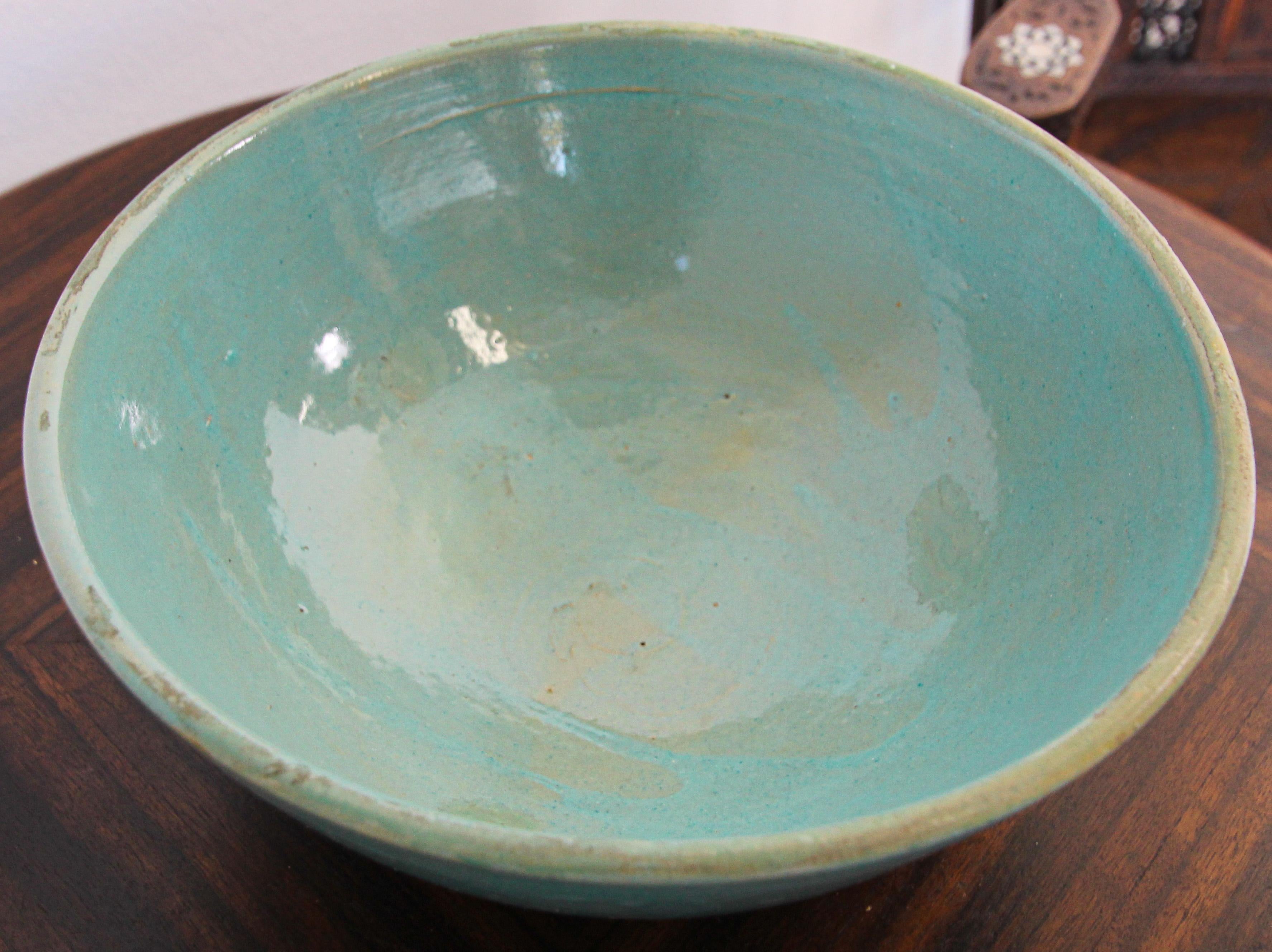 20th Century Glazed Teal Color Moroccan Earthenware Dish Bowl