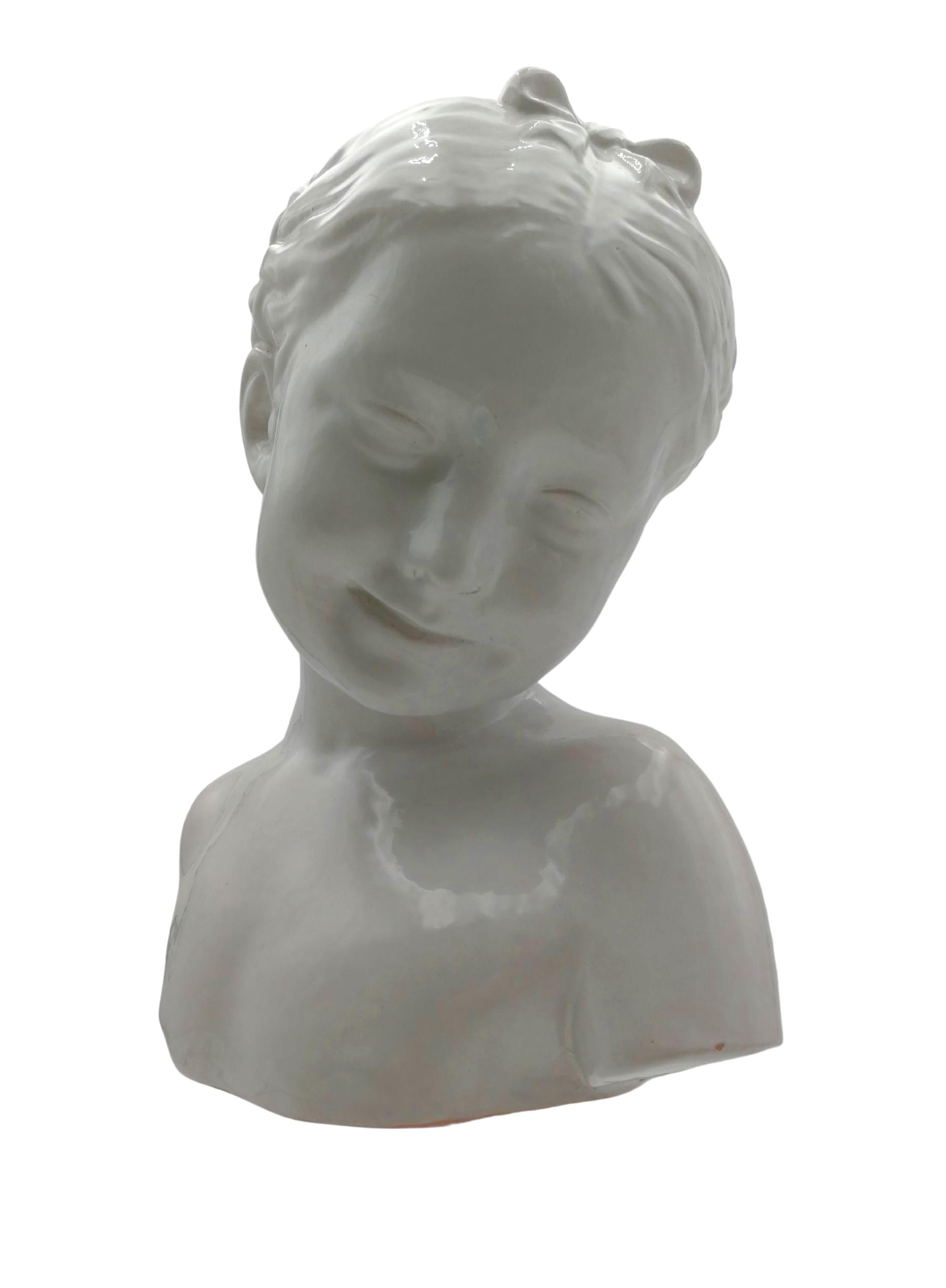 Spanish Glazed Teracotta Bust of Little Girl For Sale