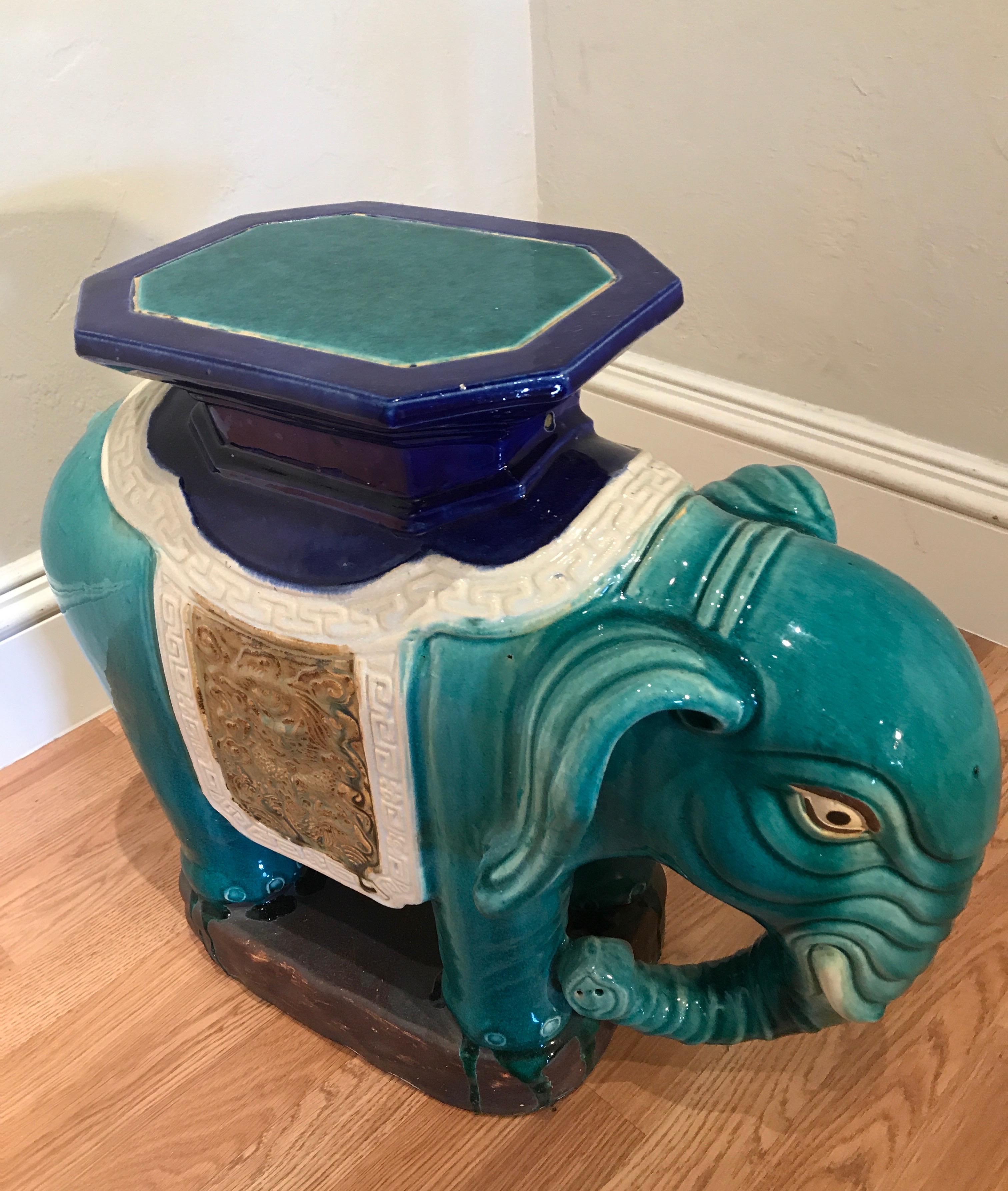 Glazed Terracotta Elephant Garden Seat In Good Condition In West Palm Beach, FL