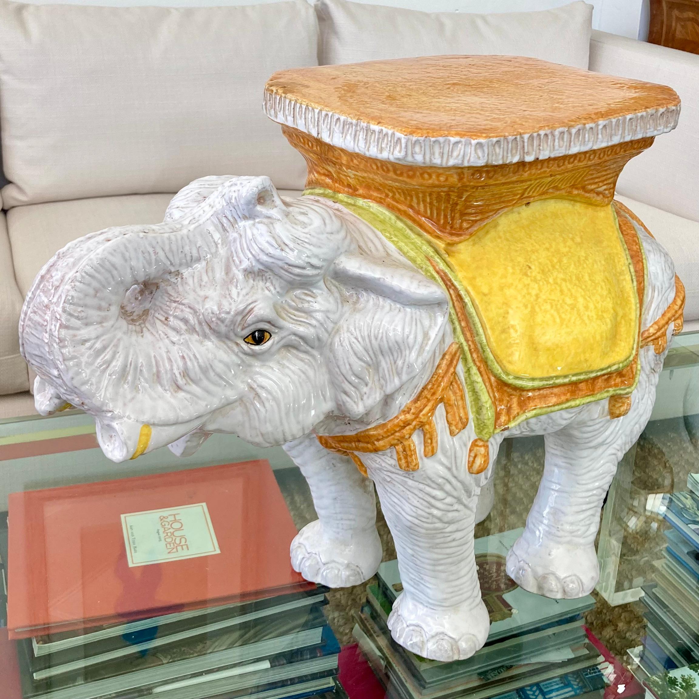 Hollywood Regency Glazed Terra Cotta Elephant Garden Seat For Sale