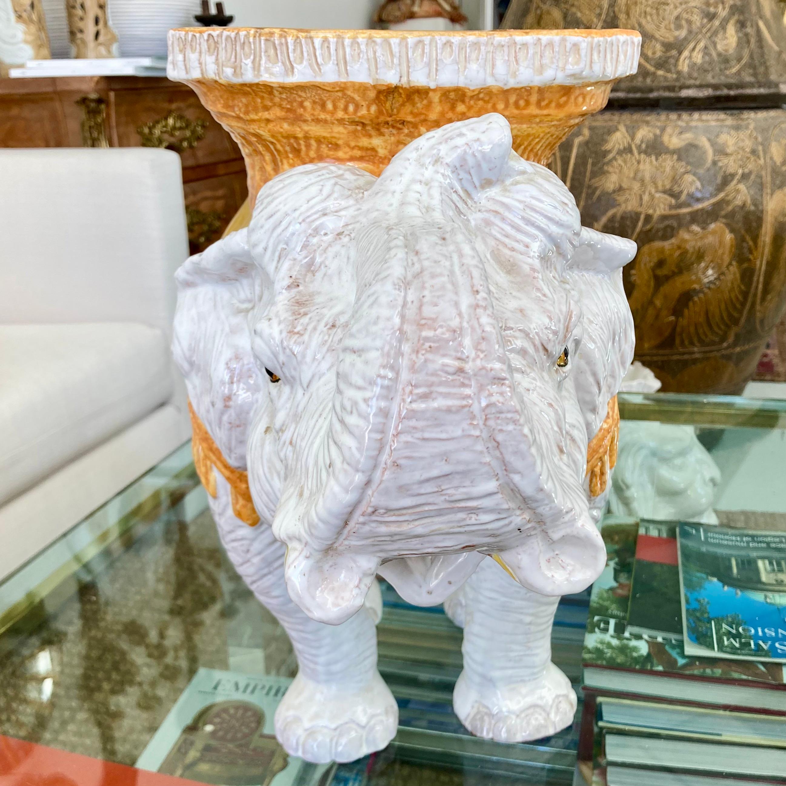 Hollywood Regency Glazed Terra Cotta Elephant Garden Seat For Sale