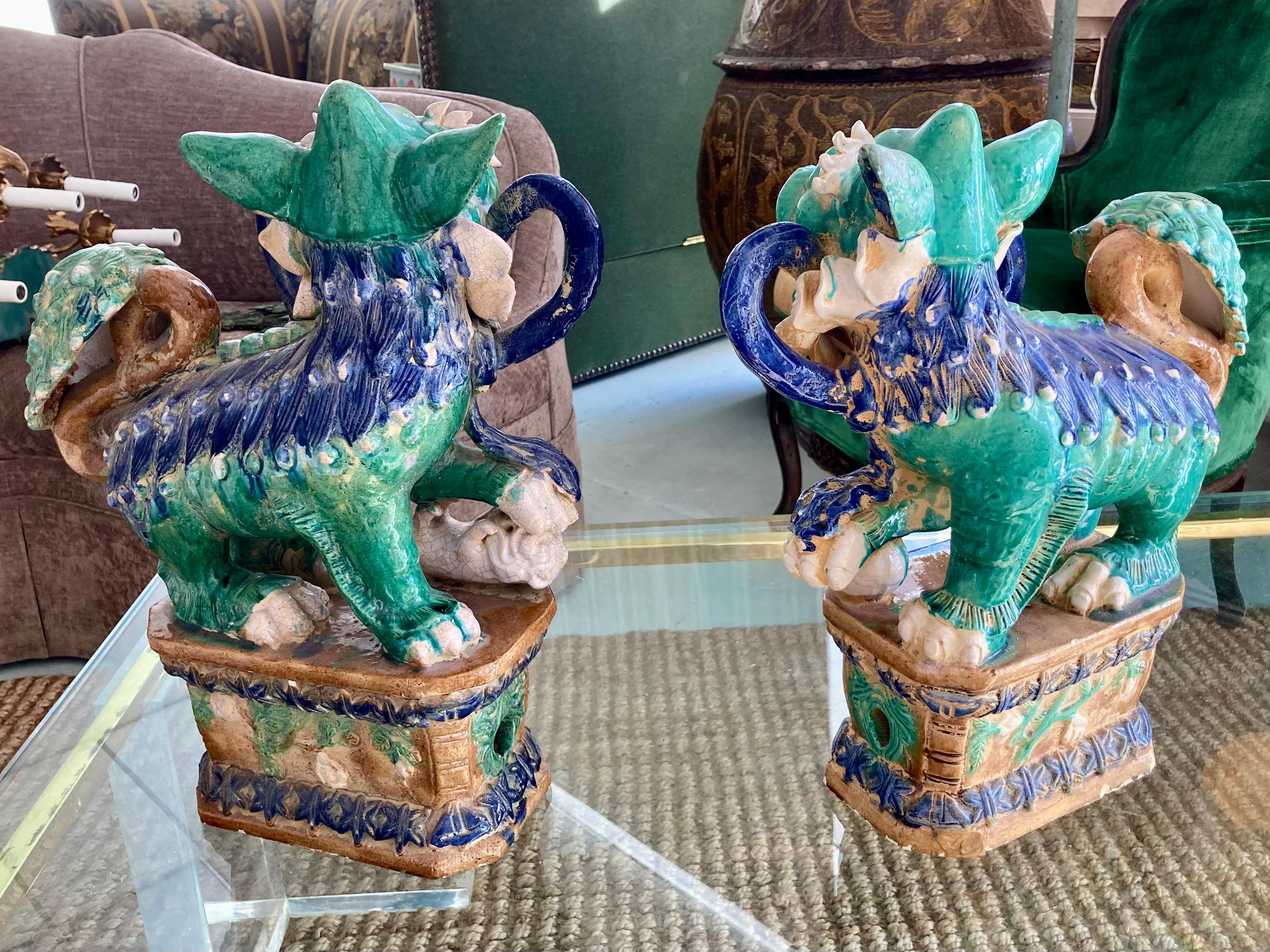 Glazed Terra Cotta Foo Dogs, a Pair In Good Condition For Sale In Los Angeles, CA