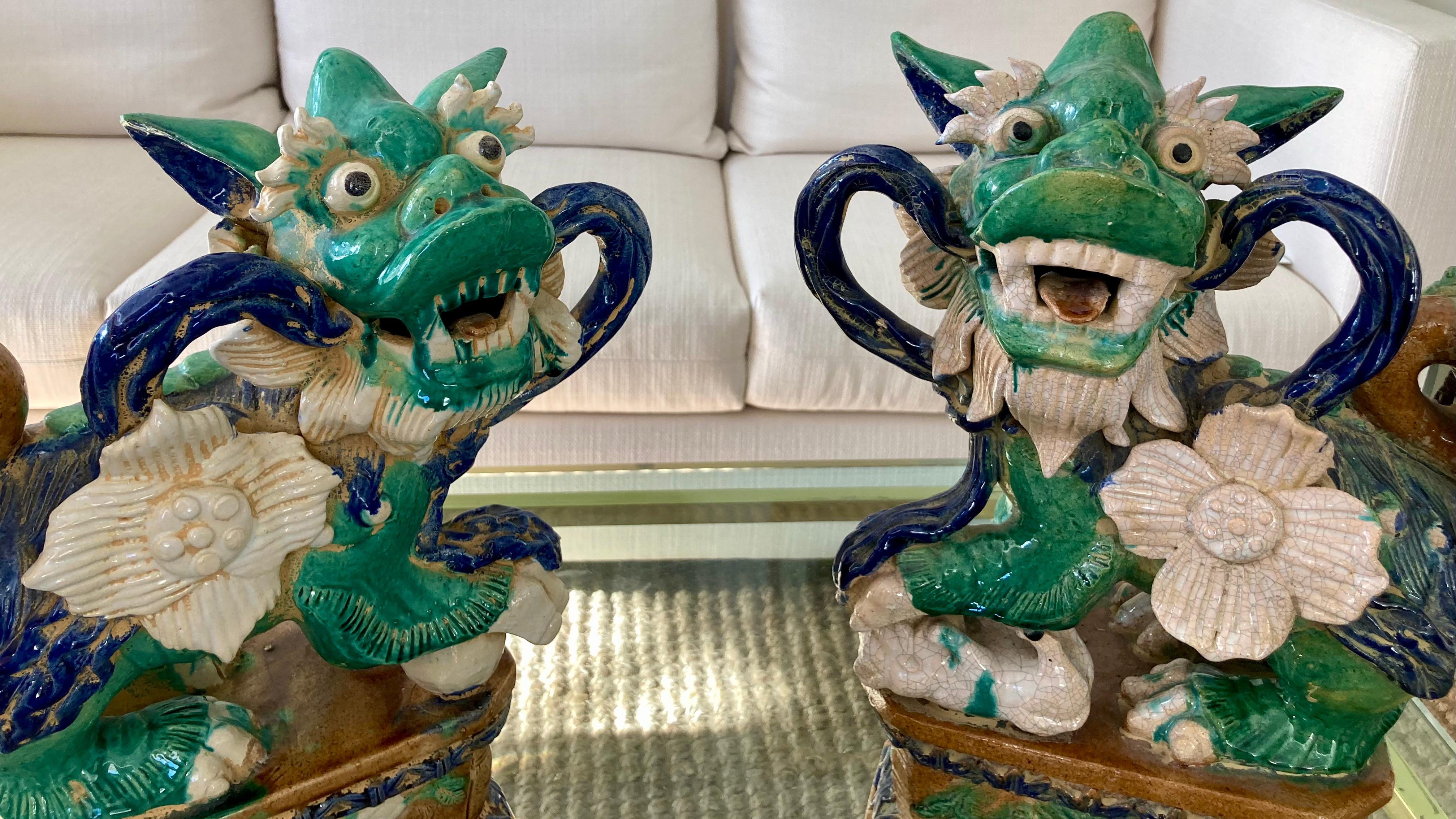 20th Century Glazed Terra Cotta Foo Dogs, a Pair For Sale