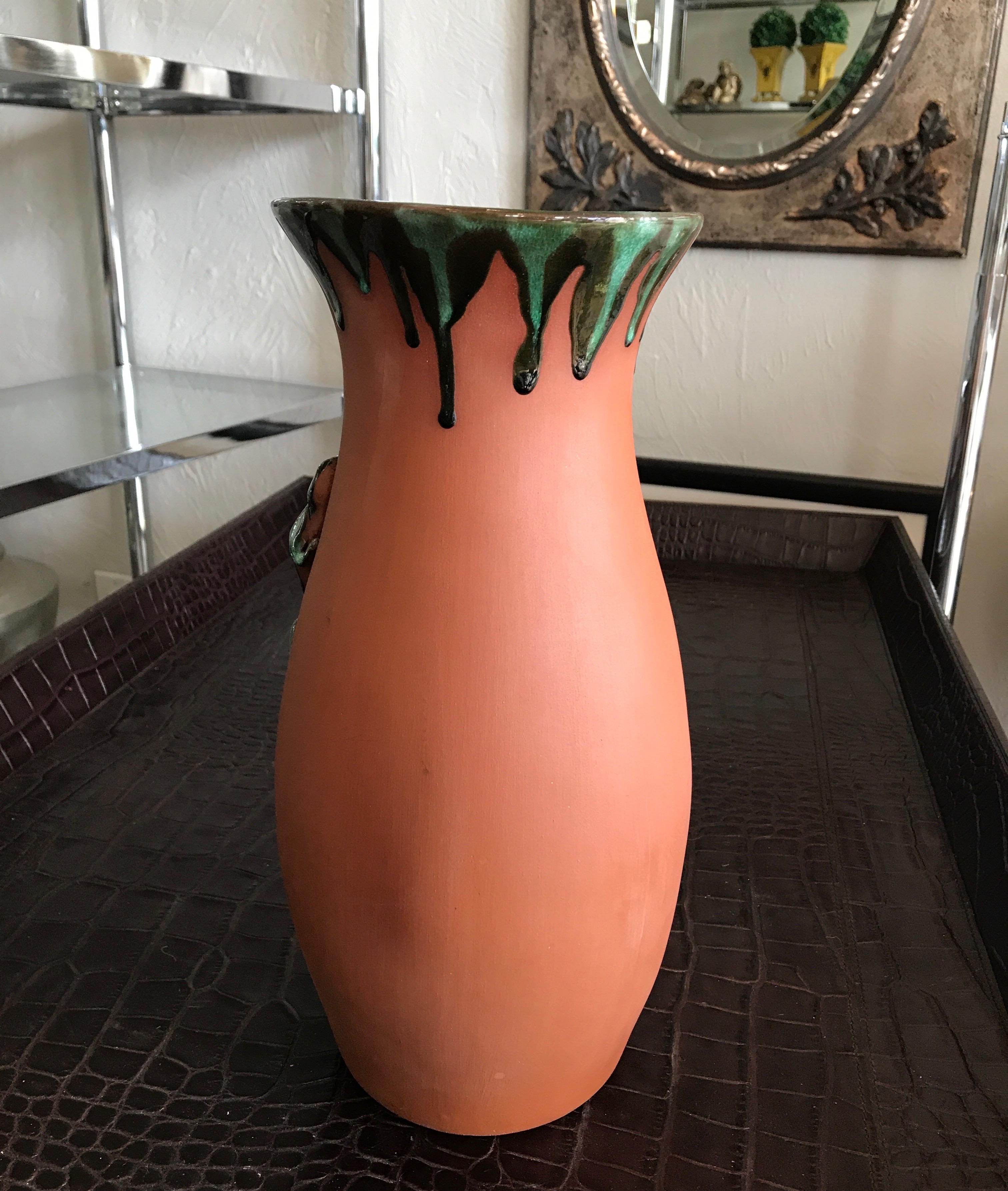 American Glazed Terra Cotta Gecko Art Pottery Vase For Sale