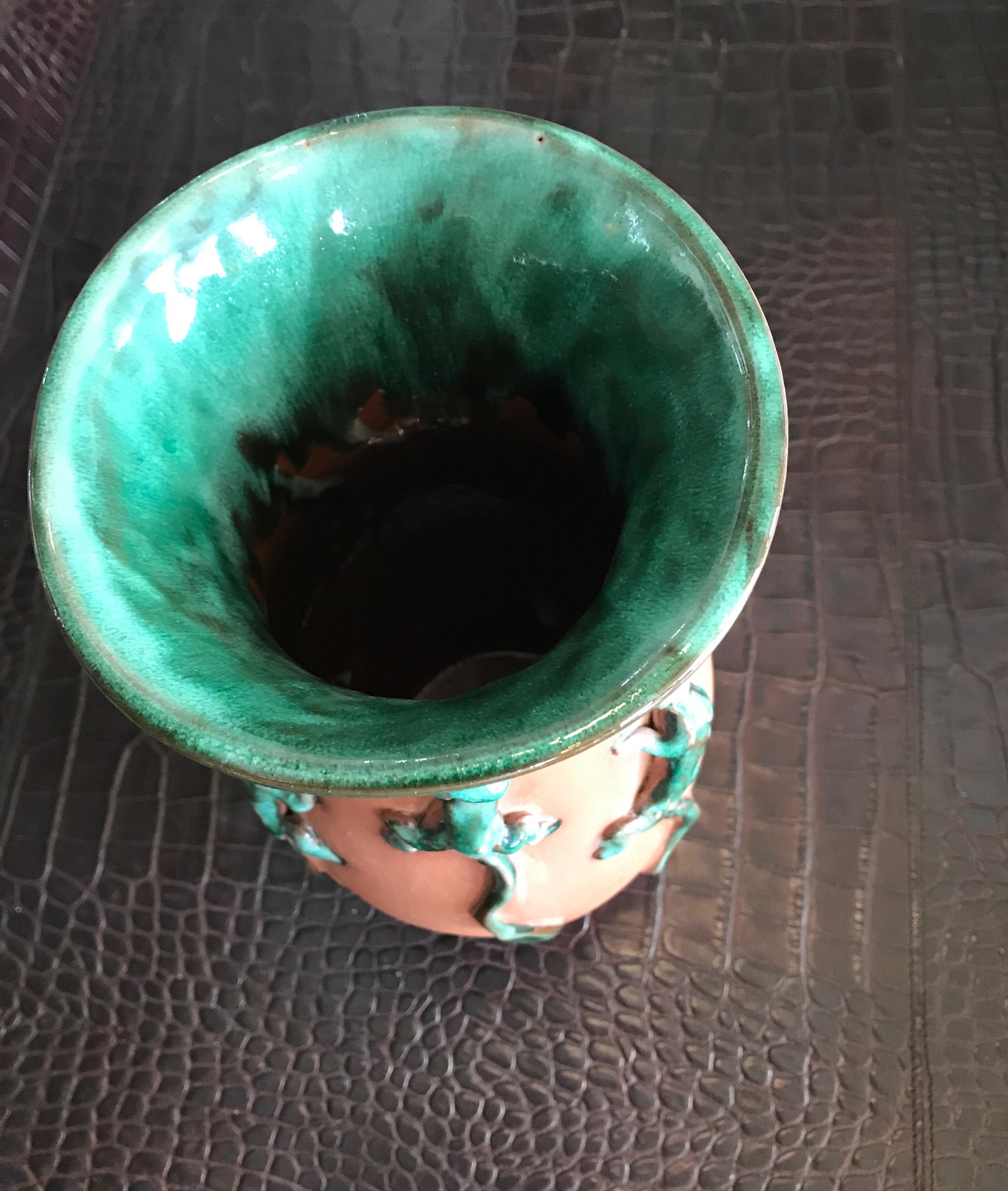 20th Century Glazed Terra Cotta Gecko Art Pottery Vase For Sale
