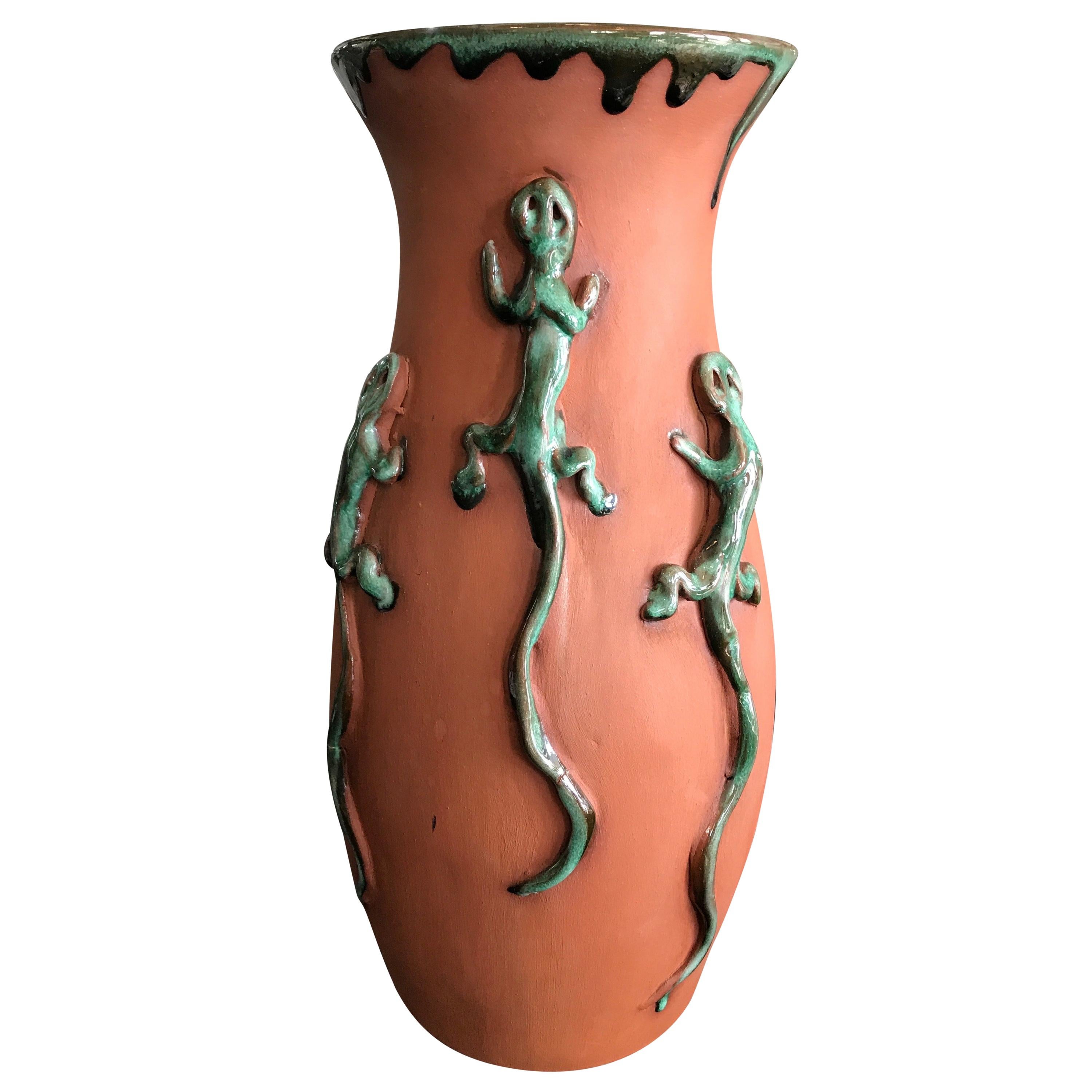 Glazed Terra Cotta Gecko Art Pottery Vase For Sale