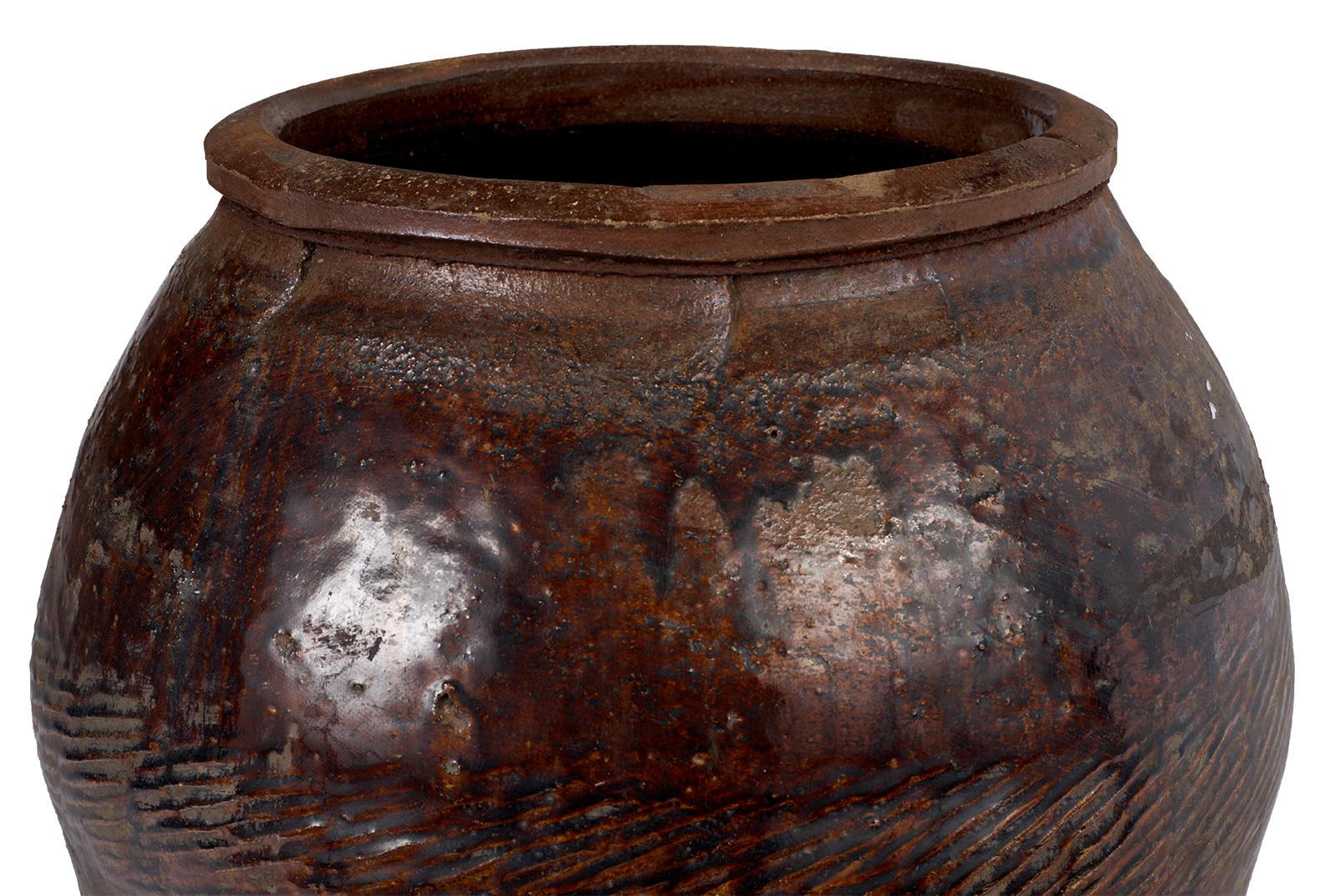 Organic Modern Glazed Terra Cotta Jar with Scored Texture For Sale