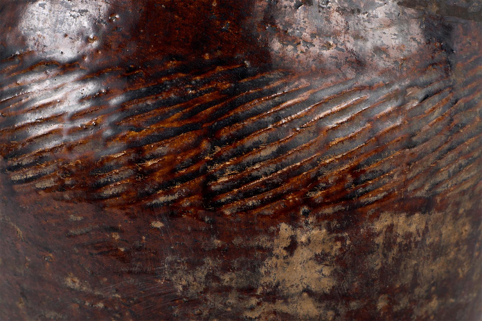 20th Century Glazed Terra Cotta Jar with Scored Texture For Sale