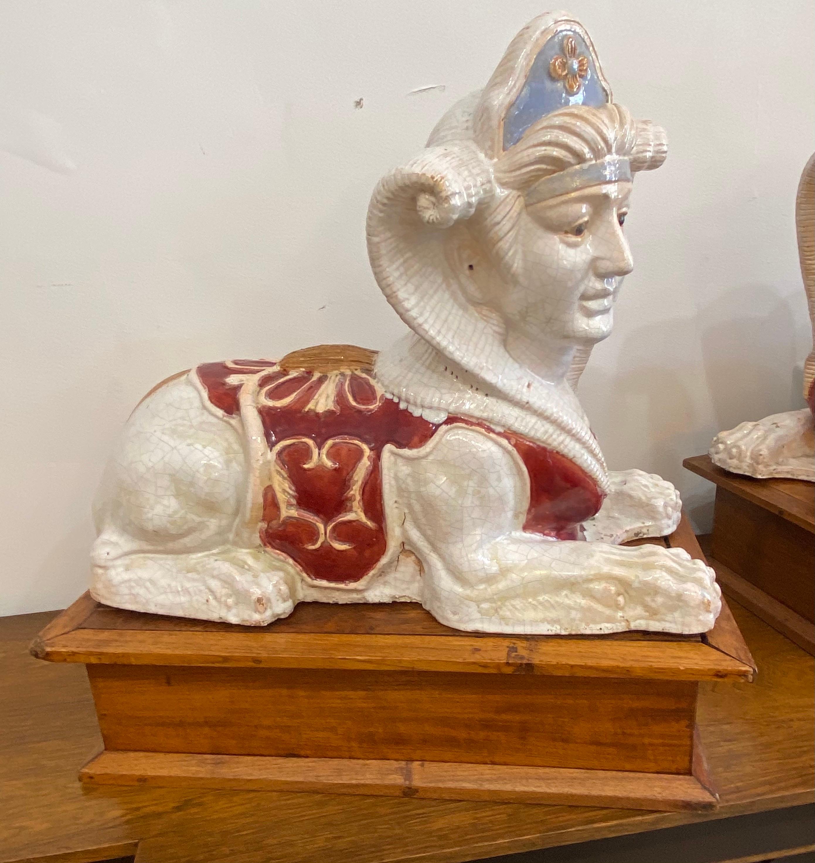 Glazed Terracotta Sphinx Sculptures a Pair For Sale 5