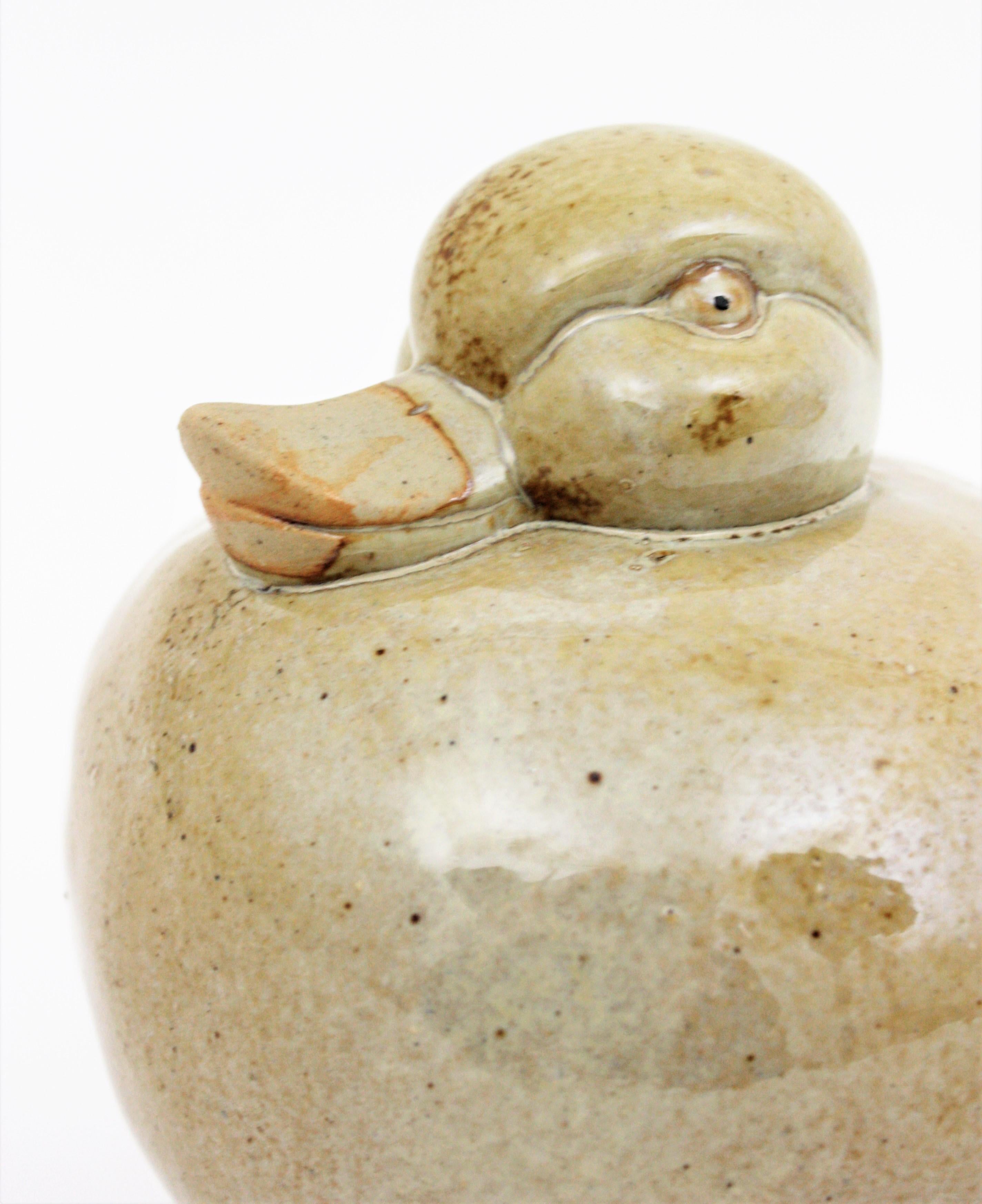 Mid-Century Modern Glazed Terracotta Beige Duck Centerpiece Sculpture For Sale