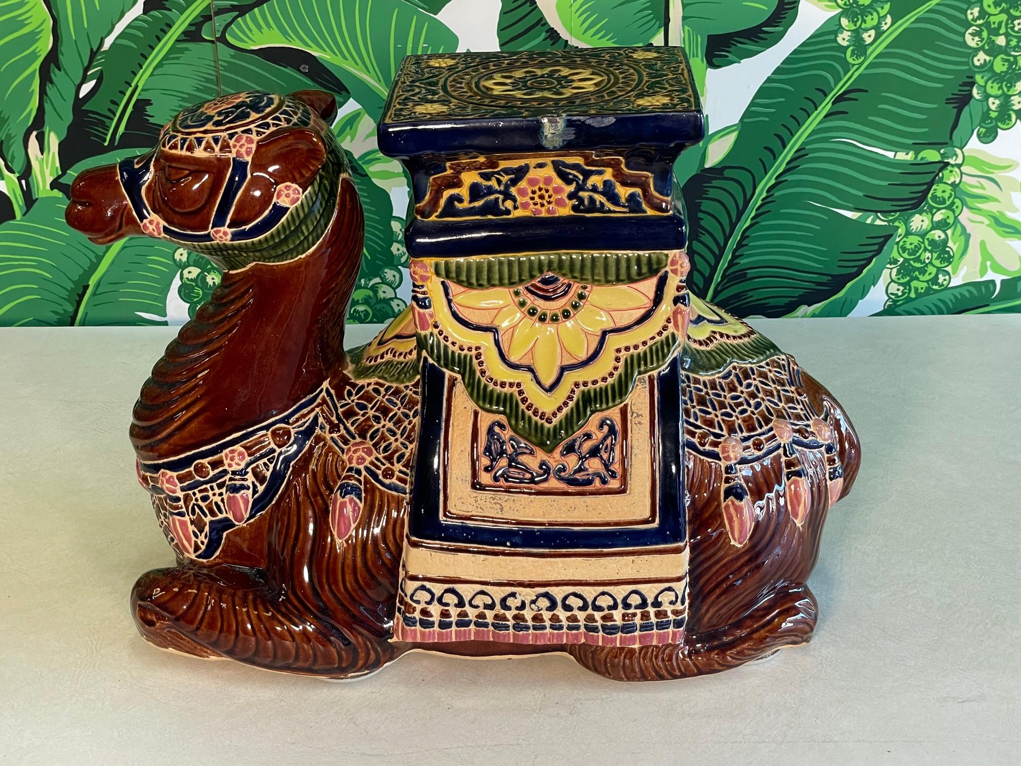 Glazed Terracotta Camel Hand Painted Garden Stool In Good Condition In Jacksonville, FL