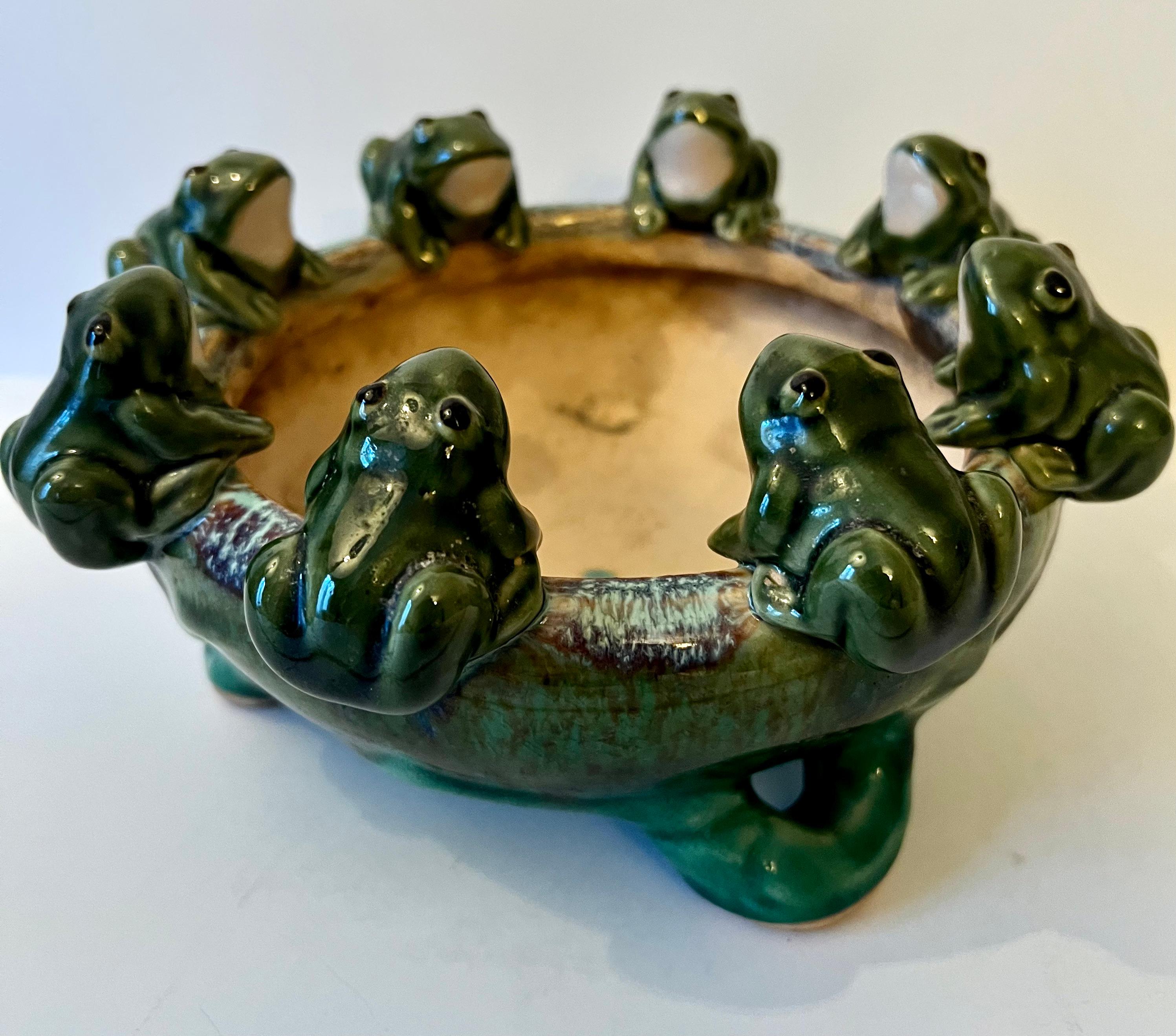 Mid-Century Modern Glazed Terracotta Footed Planter or Jardiniere with Frogs 