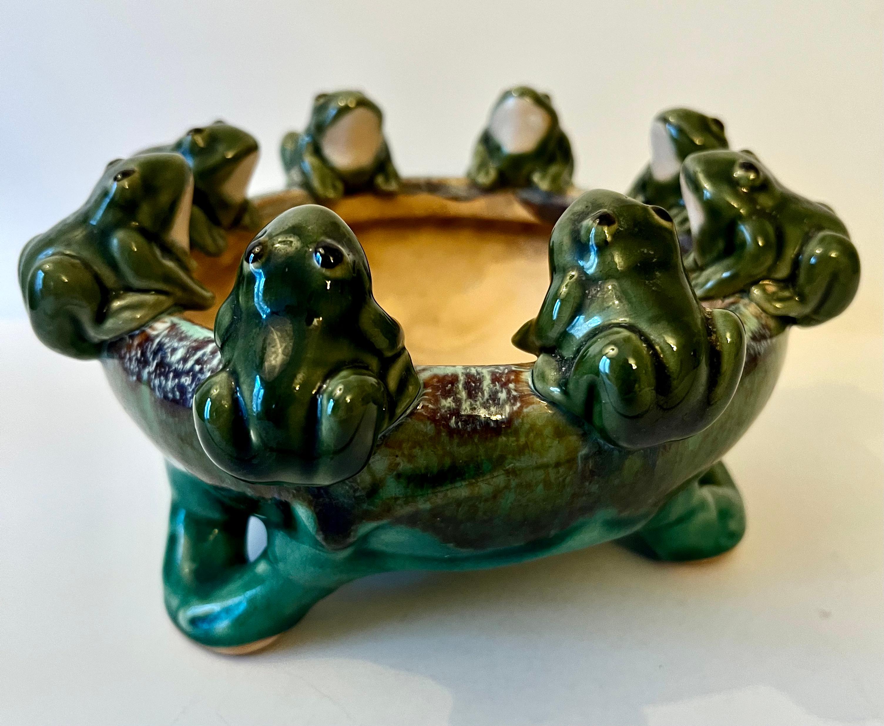 Glazed Terracotta Footed Planter or Jardiniere with Frogs  In Good Condition In Los Angeles, CA