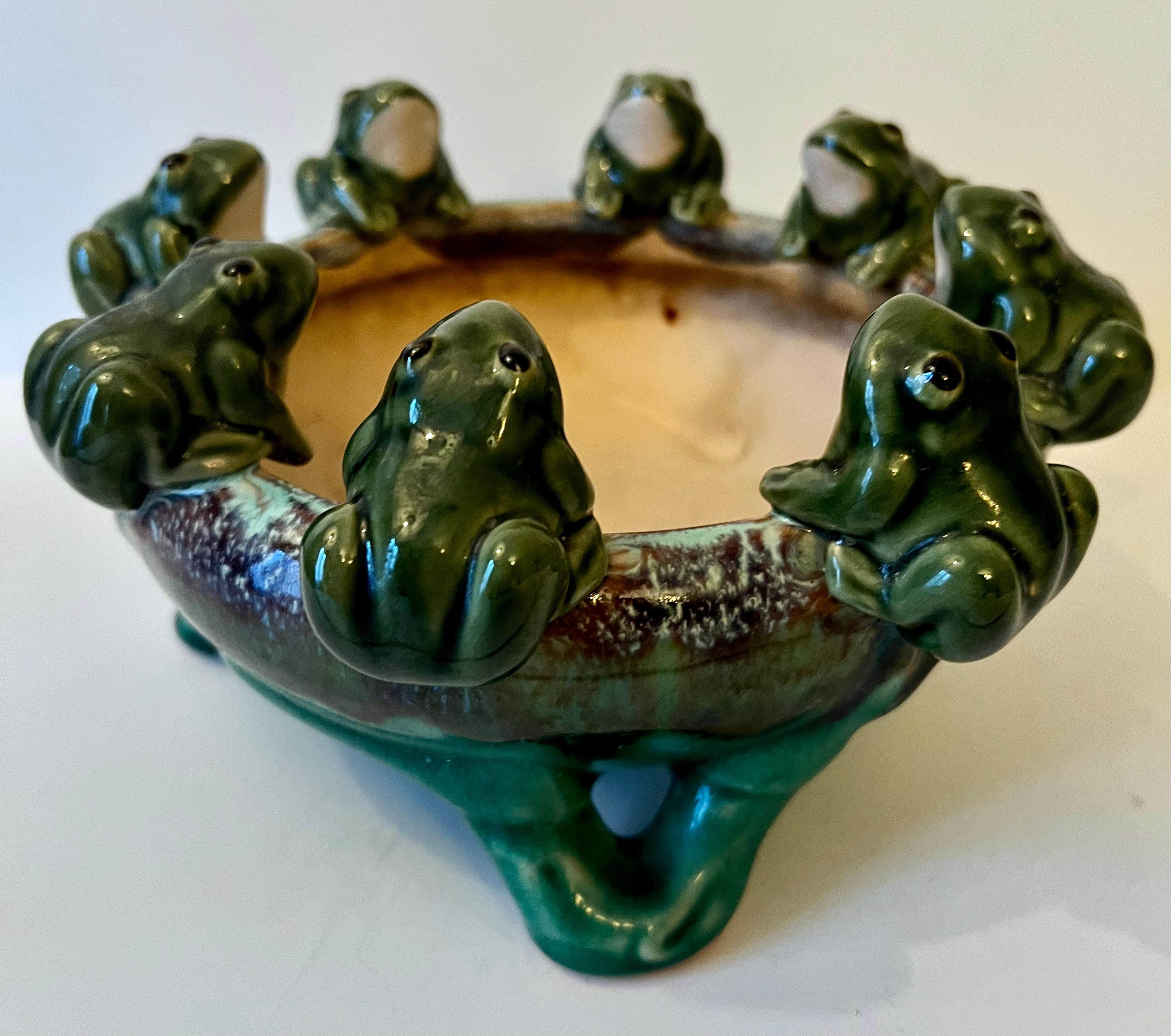 20th Century Glazed Terracotta Footed Planter or Jardiniere with Frogs 