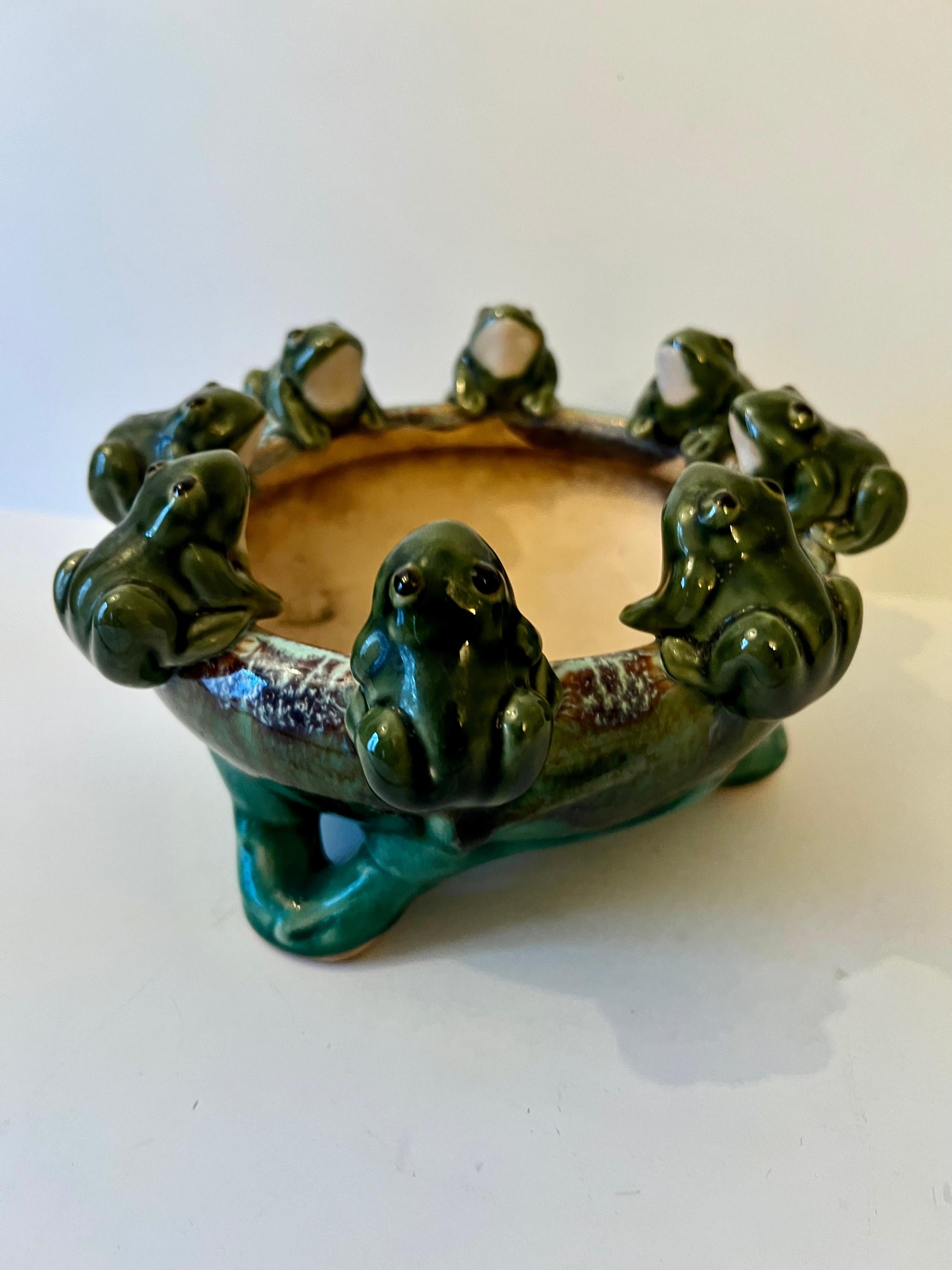 Glazed Terracotta Footed Planter or Jardiniere with Frogs  2