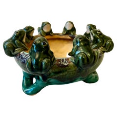 Vintage Glazed Terracotta Footed Planter or Jardiniere with Frogs 