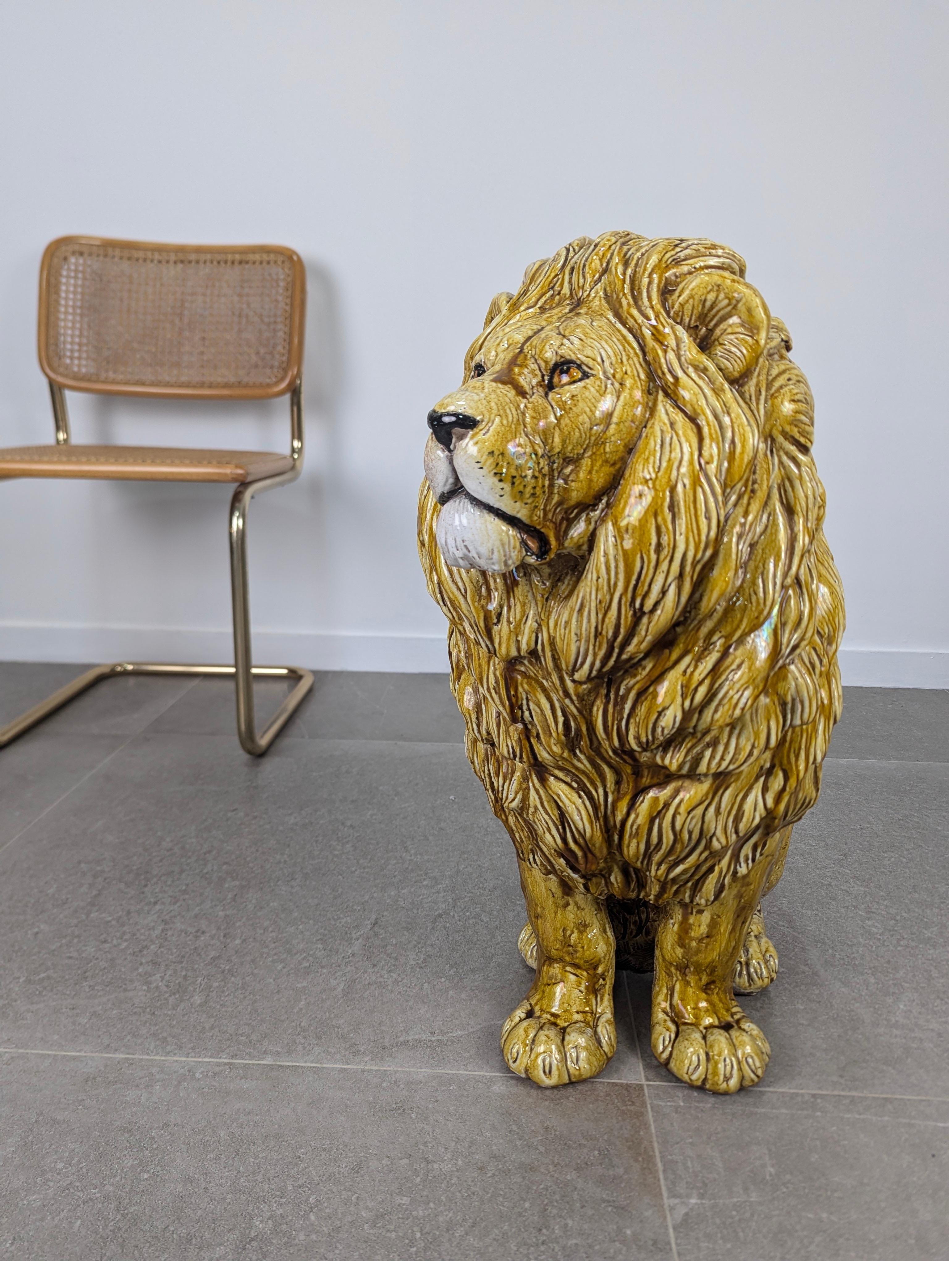 Mid-Century Modern Glazed Terracotta Lion Sculpture, Italy, 1960s