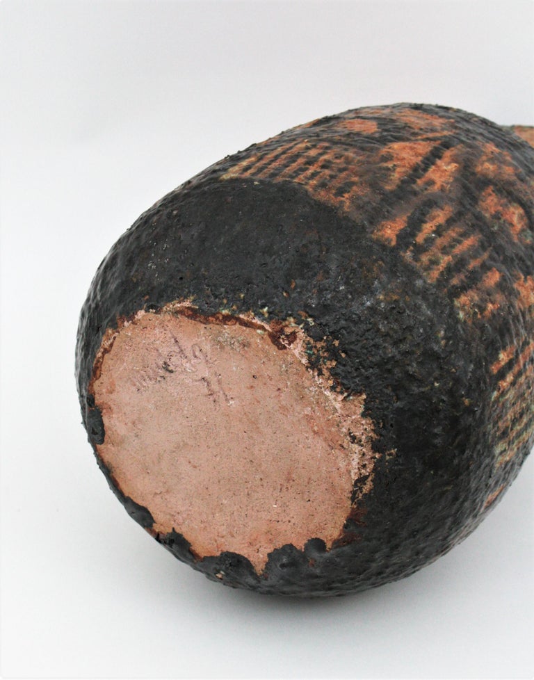 Glazed Terracotta Oversized Vase with Black Abstract Decoration For