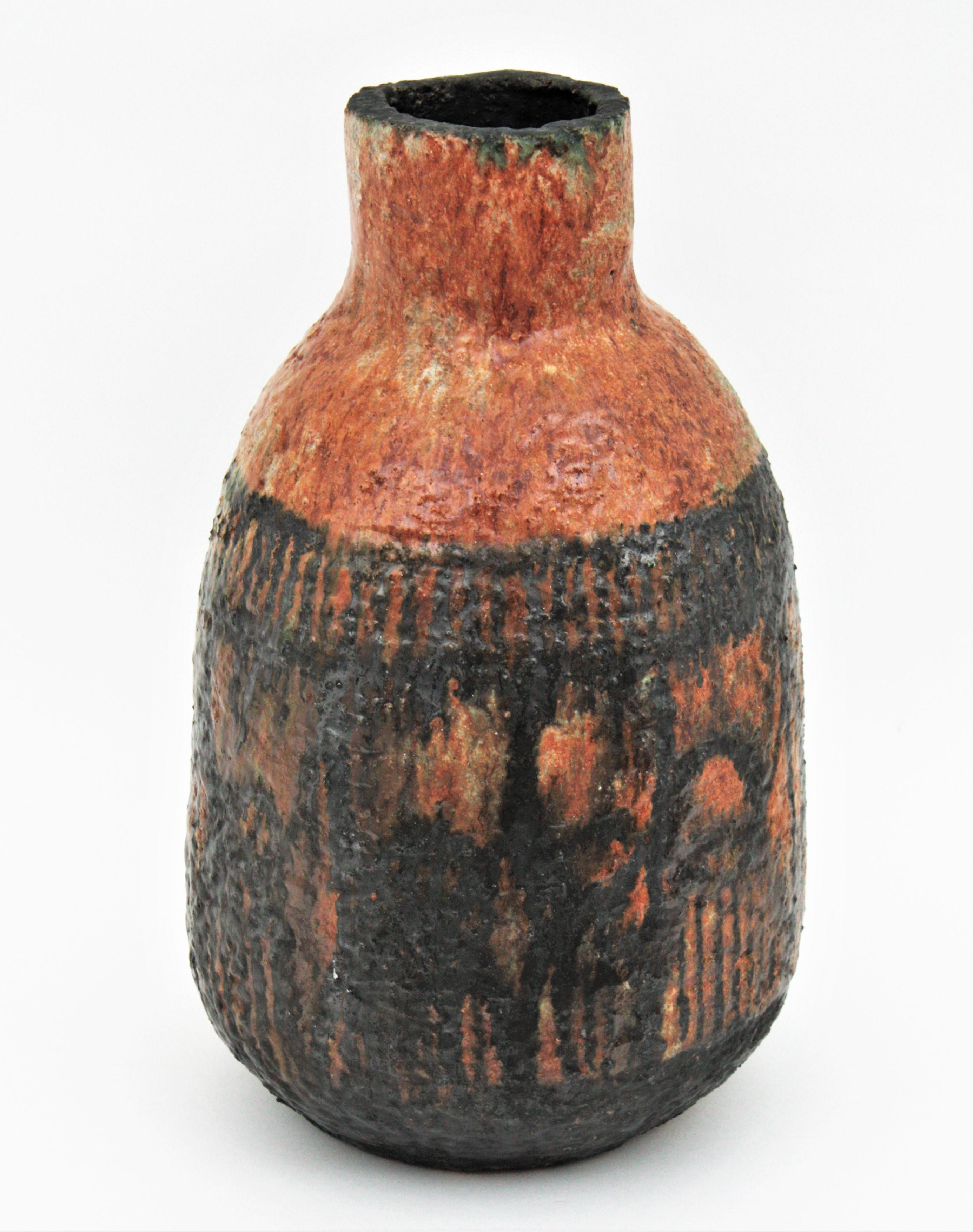 Late 20th Century Glazed Terracotta Oversized Vase with Black Abstract Decoration For Sale
