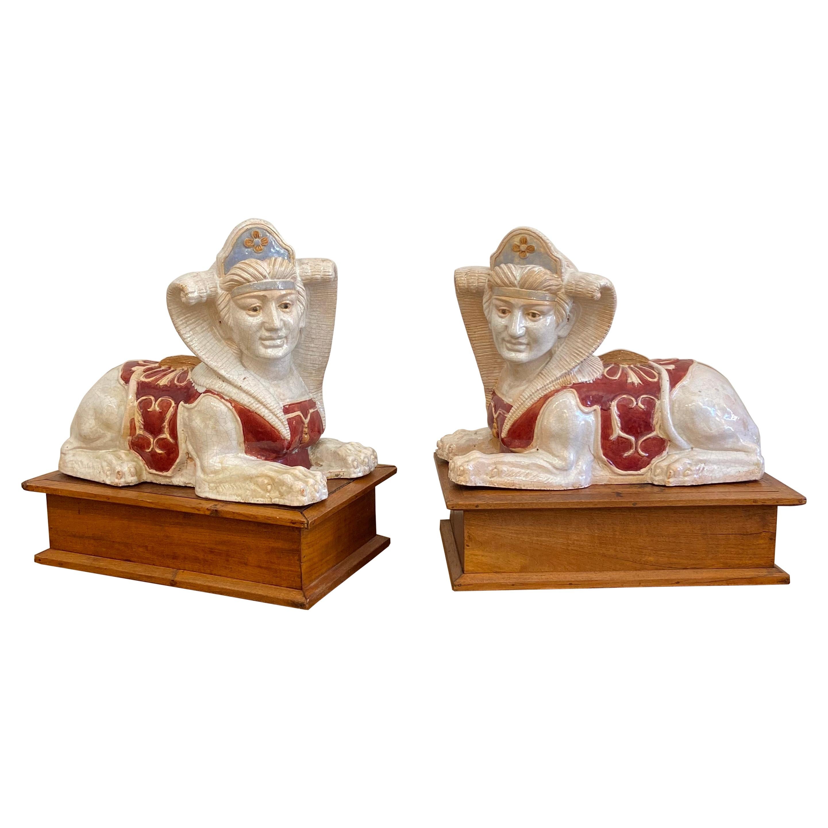 Glazed Terracotta Sphinx Sculptures a Pair