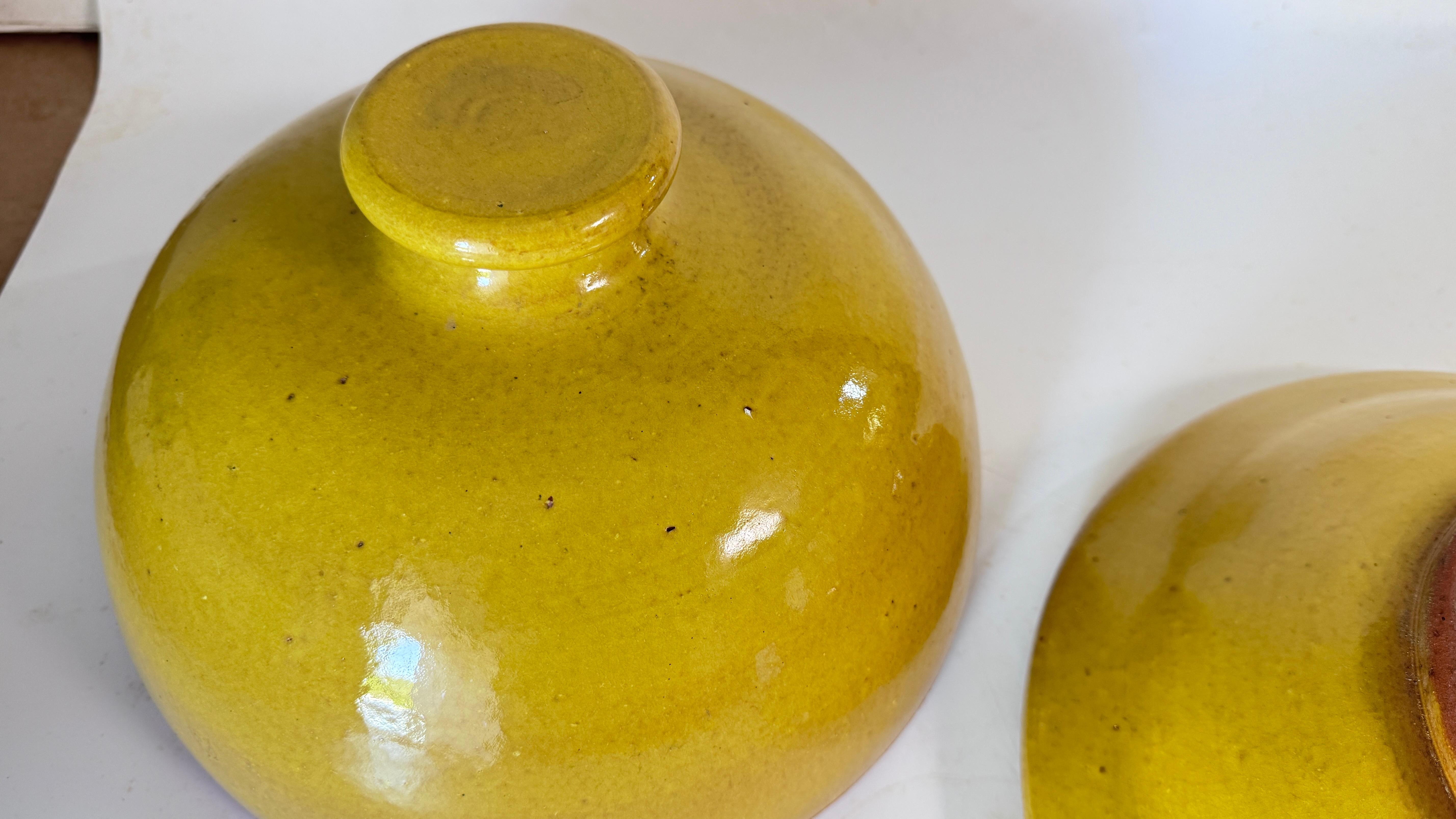 Glazed Terracotta Tajine Soup Tureen Early 20th Century Yellow Enameled Pottery For Sale 5