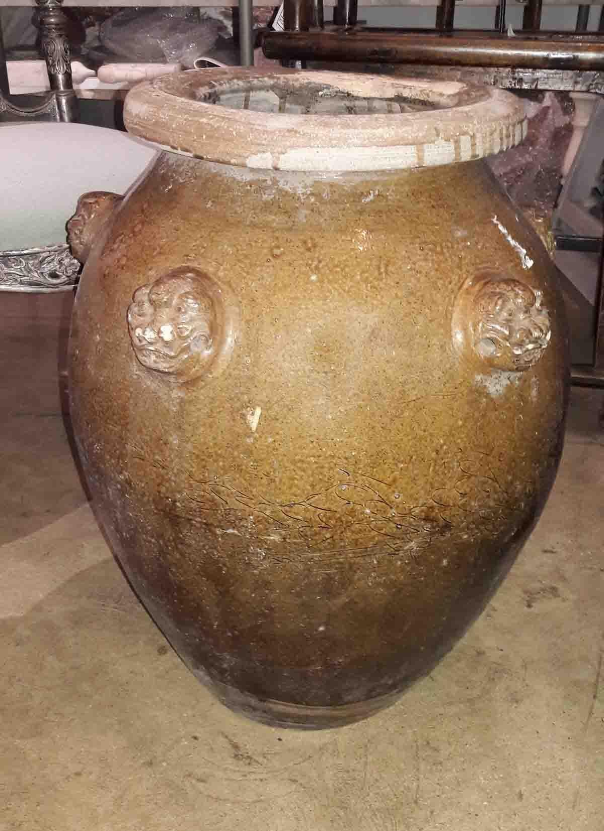 Glazed Terracotta Vase or Planter with Dragon Handles, from India 4