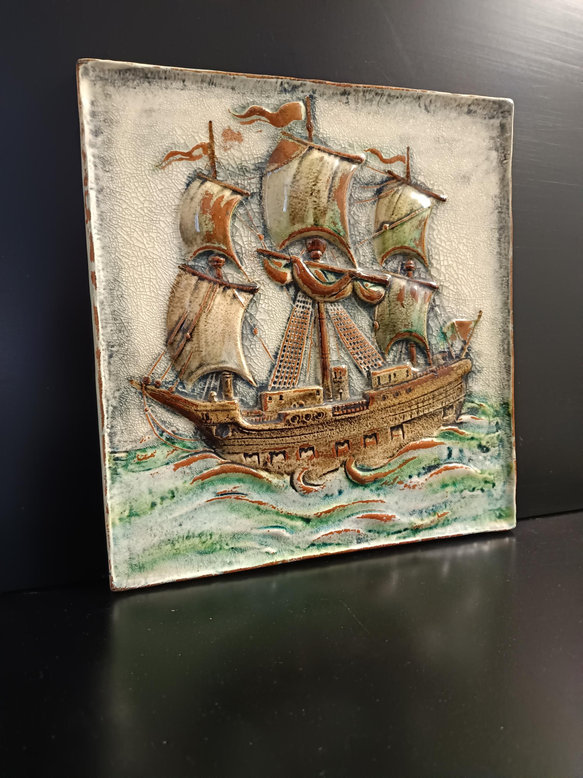 Post-Modern Glazed Terracotta Vessel Tile Panel by Gustav Heinkel for Majolika Karlsruhe For Sale