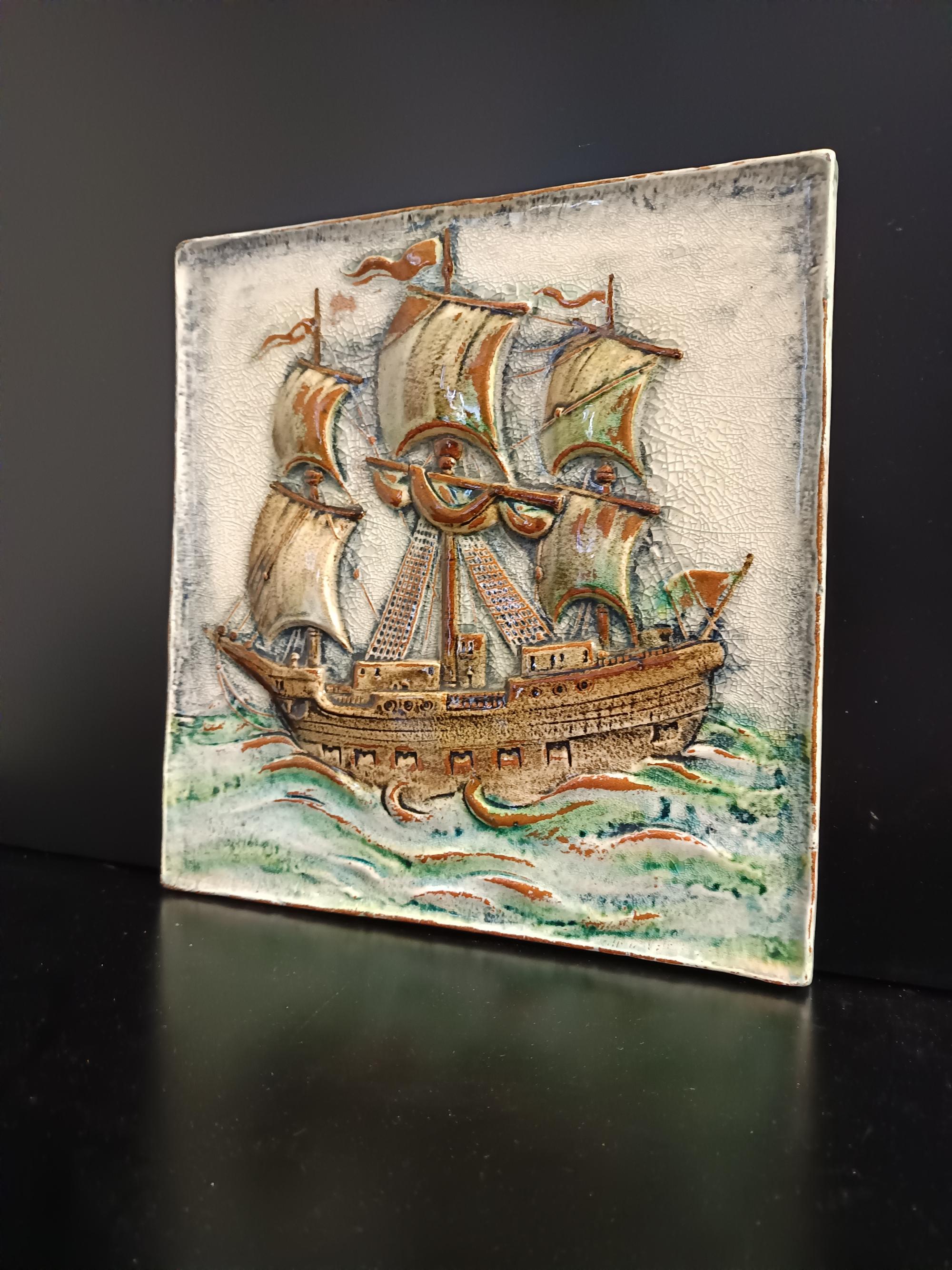 German Glazed Terracotta Vessel Tile Panel by Gustav Heinkel for Majolika Karlsruhe For Sale