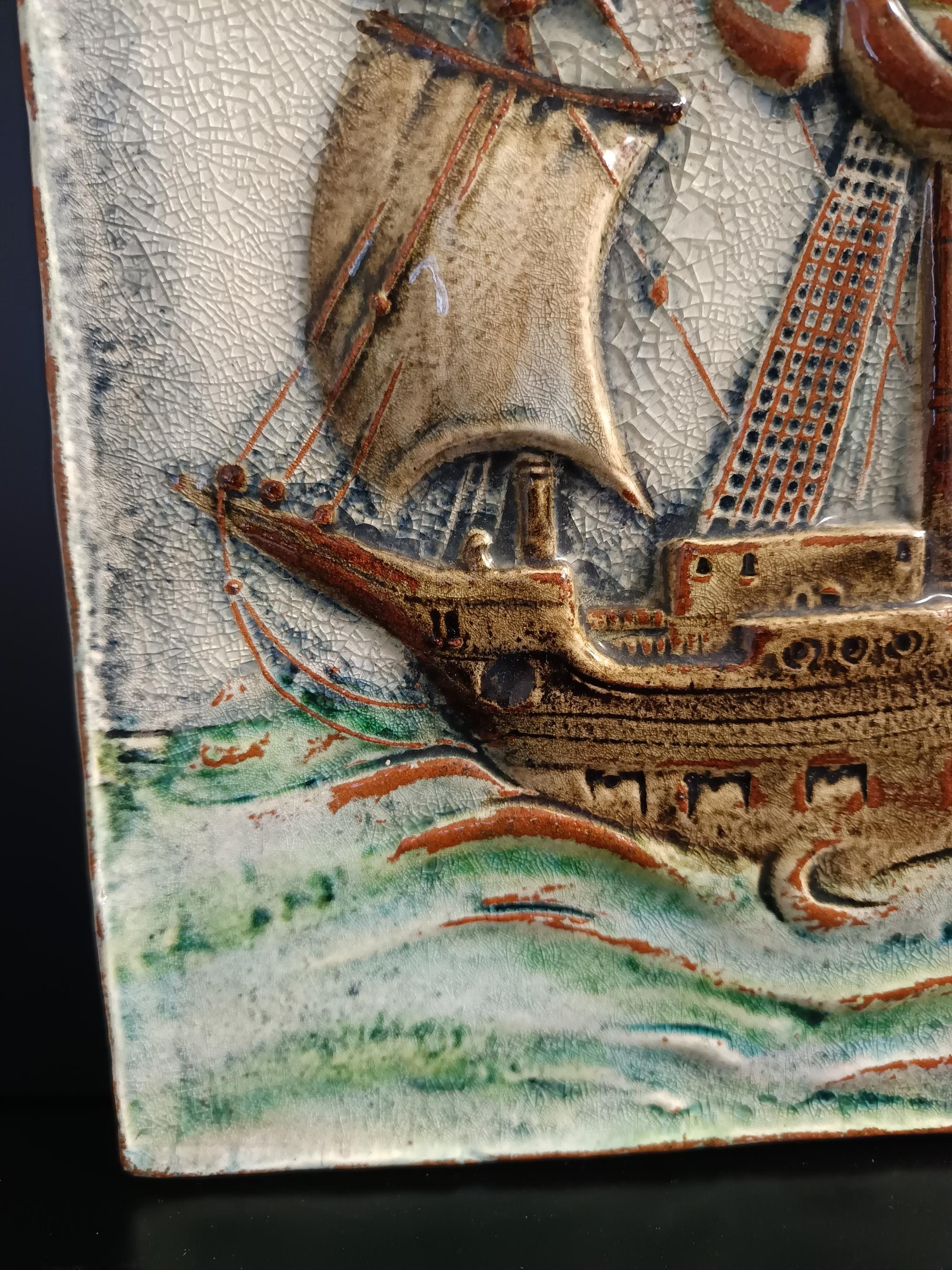 Glazed Terracotta Vessel Tile Panel by Gustav Heinkel for Majolika Karlsruhe For Sale 1