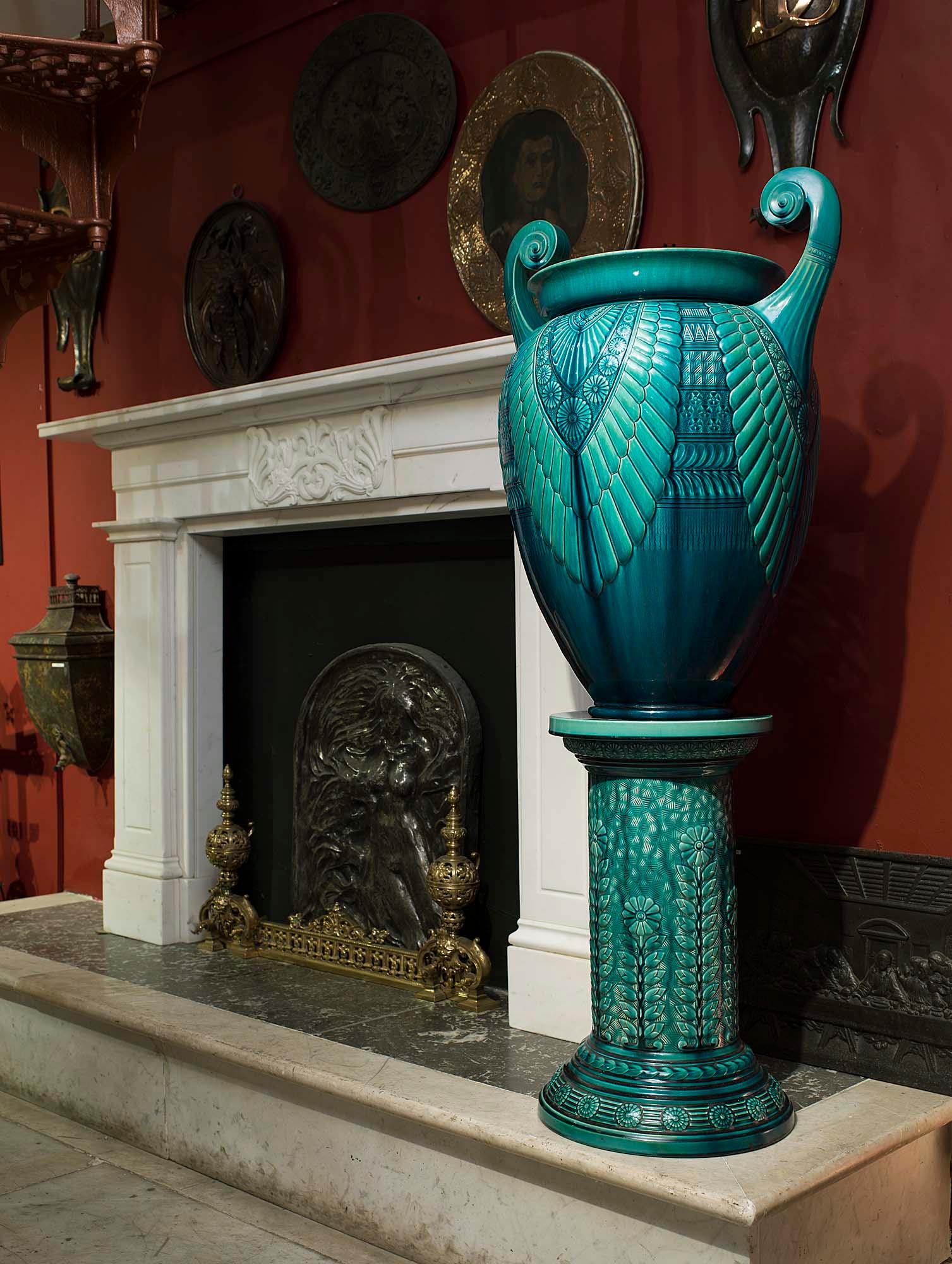 Glazed Turquoise Ceramic Jardinière and Stand Designed by Christopher Dresser 5