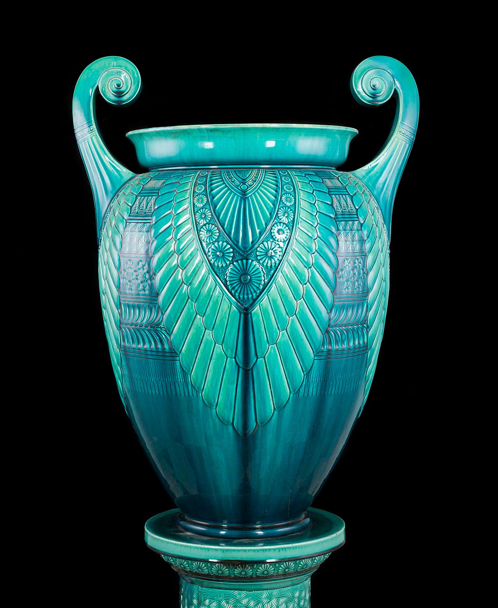 19th Century Glazed Turquoise Ceramic Jardinière and Stand Designed by Christopher Dresser