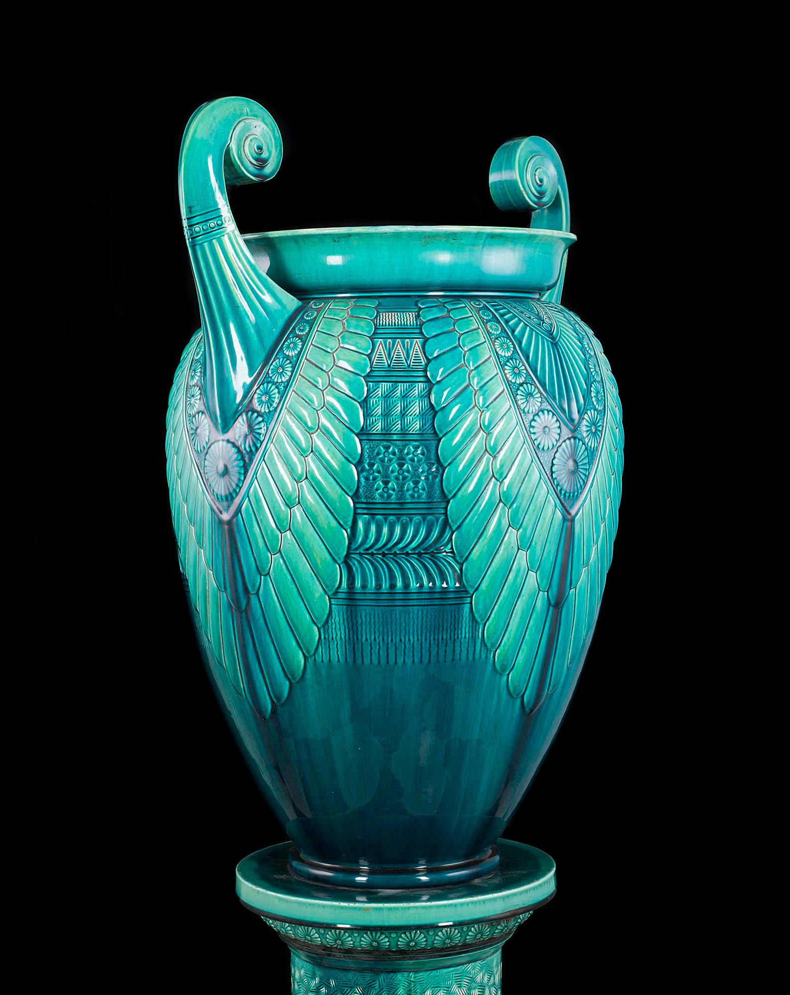 Glazed Turquoise Ceramic Jardinière and Stand Designed by Christopher Dresser 1