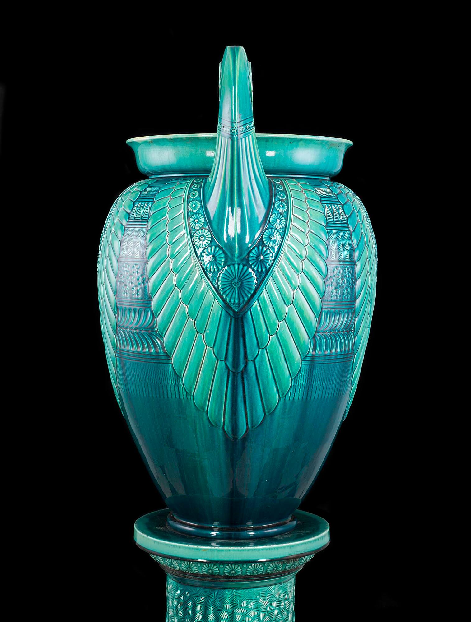 Glazed Turquoise Ceramic Jardinière and Stand Designed by Christopher Dresser 2