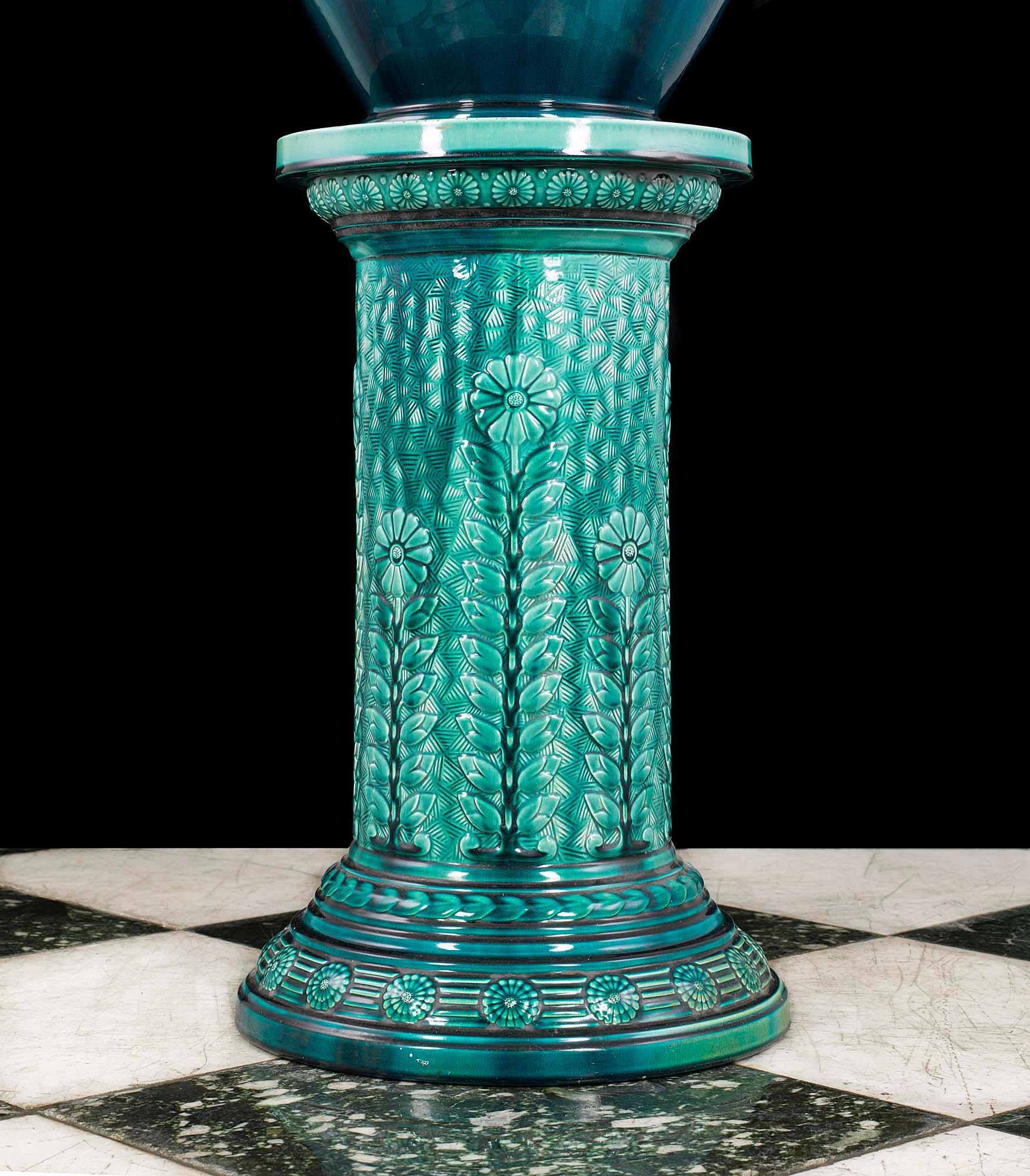 Glazed Turquoise Ceramic Jardinière and Stand Designed by Christopher Dresser 3