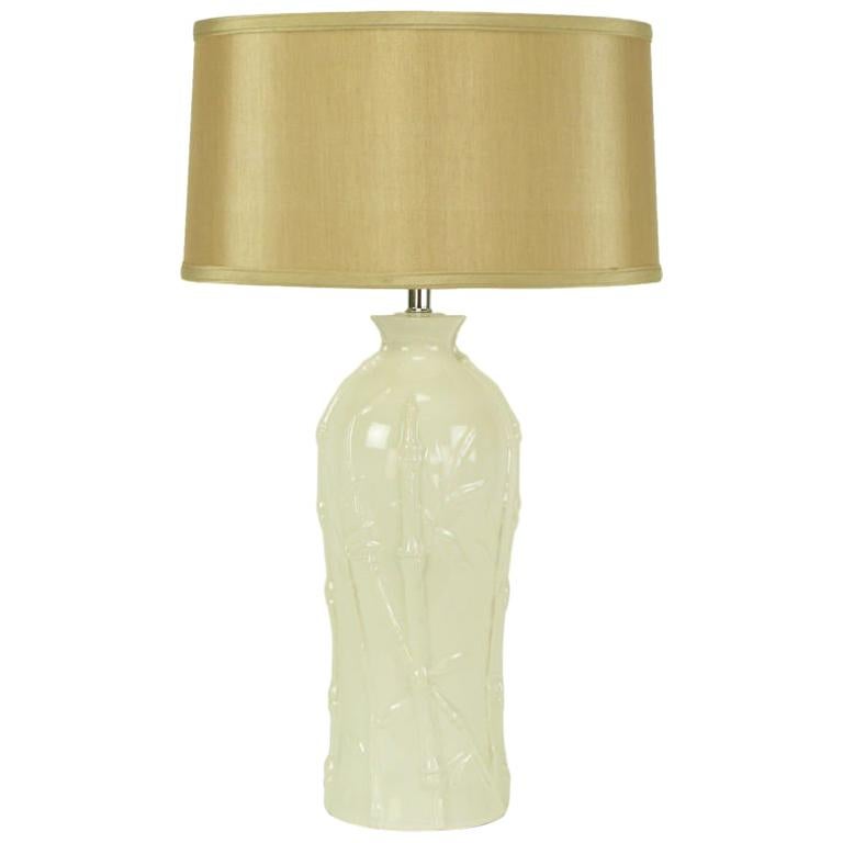 Glazed White Bamboo Relief Ceramic Table Lamp For Sale