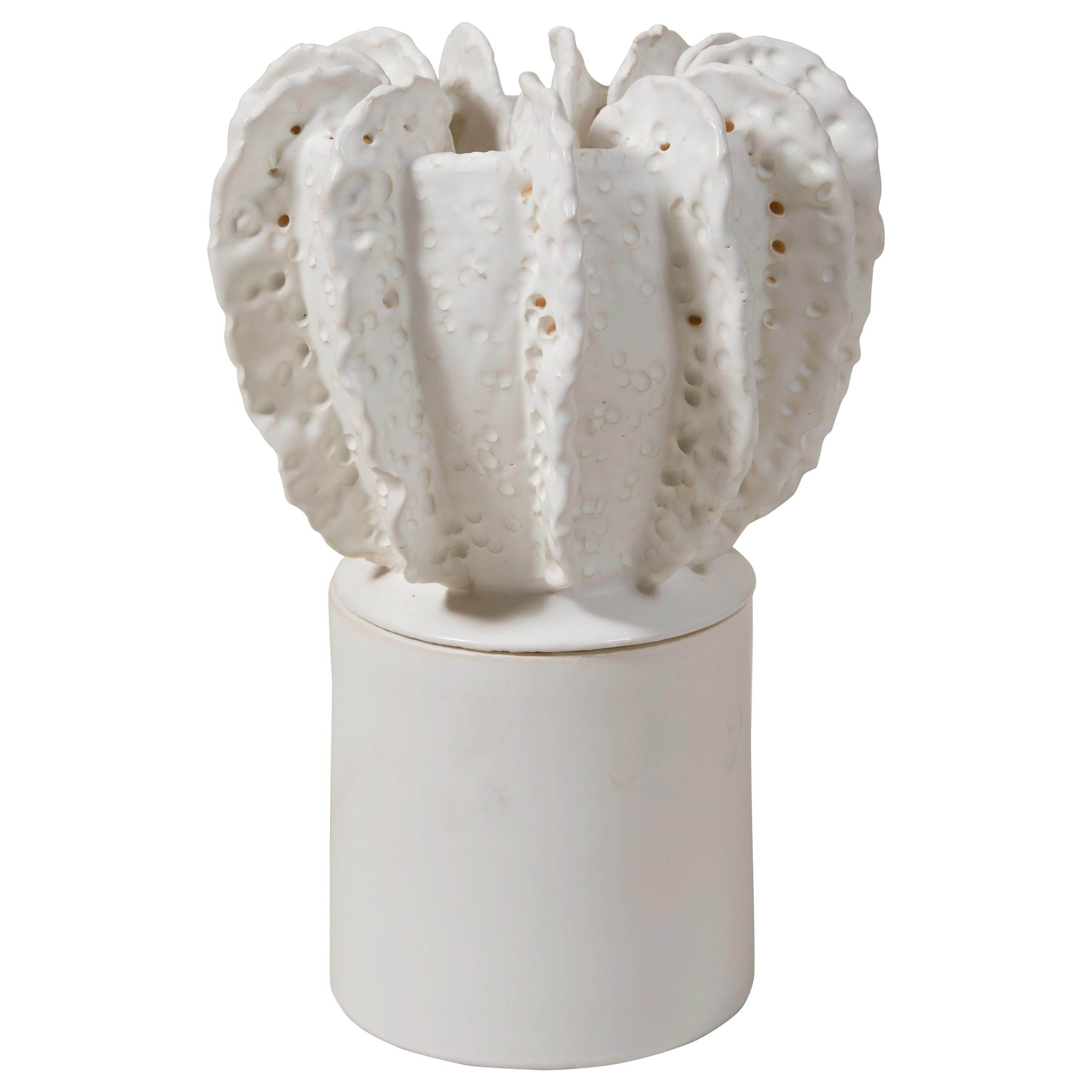 Glazed White Large Candleholder With Sculpted Lid By Laura Gonzalez