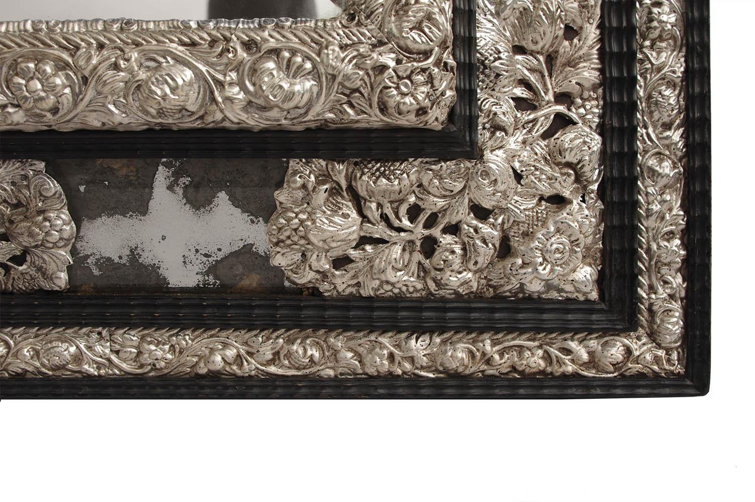 Blackened Glazing Beads Regence Style Mirror in Silvered Brass, Late 19th Century