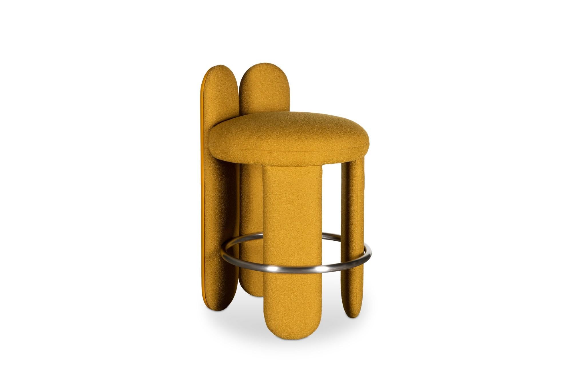 Glazy counter stool by Royal Stranger
Dimensions: width 55cm, height 90cm, depth 60cm, seat height 84cm
Materials: Solid wood frame, foam, upholstery, stainless steel.
Color: Lago Moutarde.
Available in brass, stainless steel or copper. Also