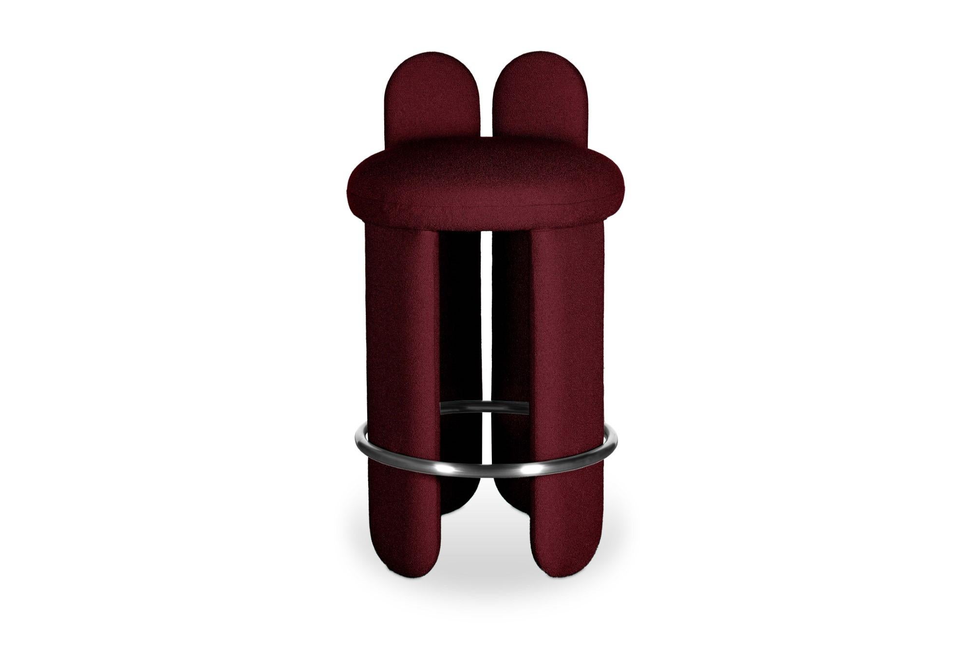 Glazy counter stool by Royal Stranger
Dimensions: Width 55cm, height 90cm, depth 60cm, seat height 84cm
Materials: Solid wood frame, foam, upholstery, stainless steel.
Color: Lago Bordeaux.
Available in brass, stainless steel or copper. Also