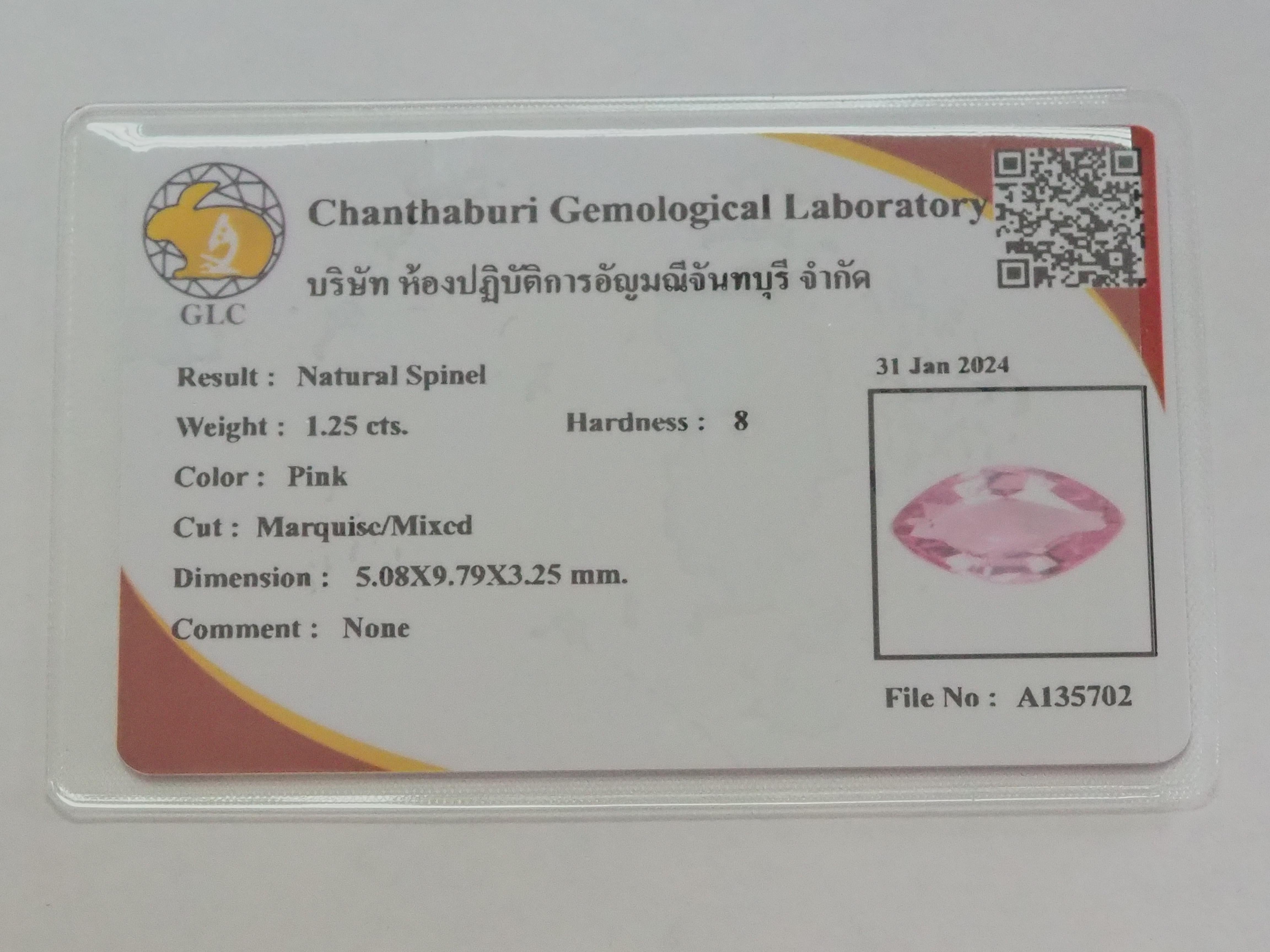 Spinelle rose marquise certifiée GLC 1,25ct, 5,08x9,79x3,25 mm, Myanmar en vente 3