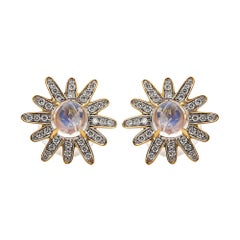 Gleam Diamond and Moonstone Earrings, 18 Karat Yellow Gold