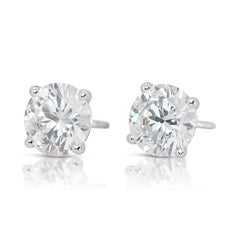 Gleaming 18k White Gold Natural Diamond Stud Earrings w/3.10 ct - GIA Certified