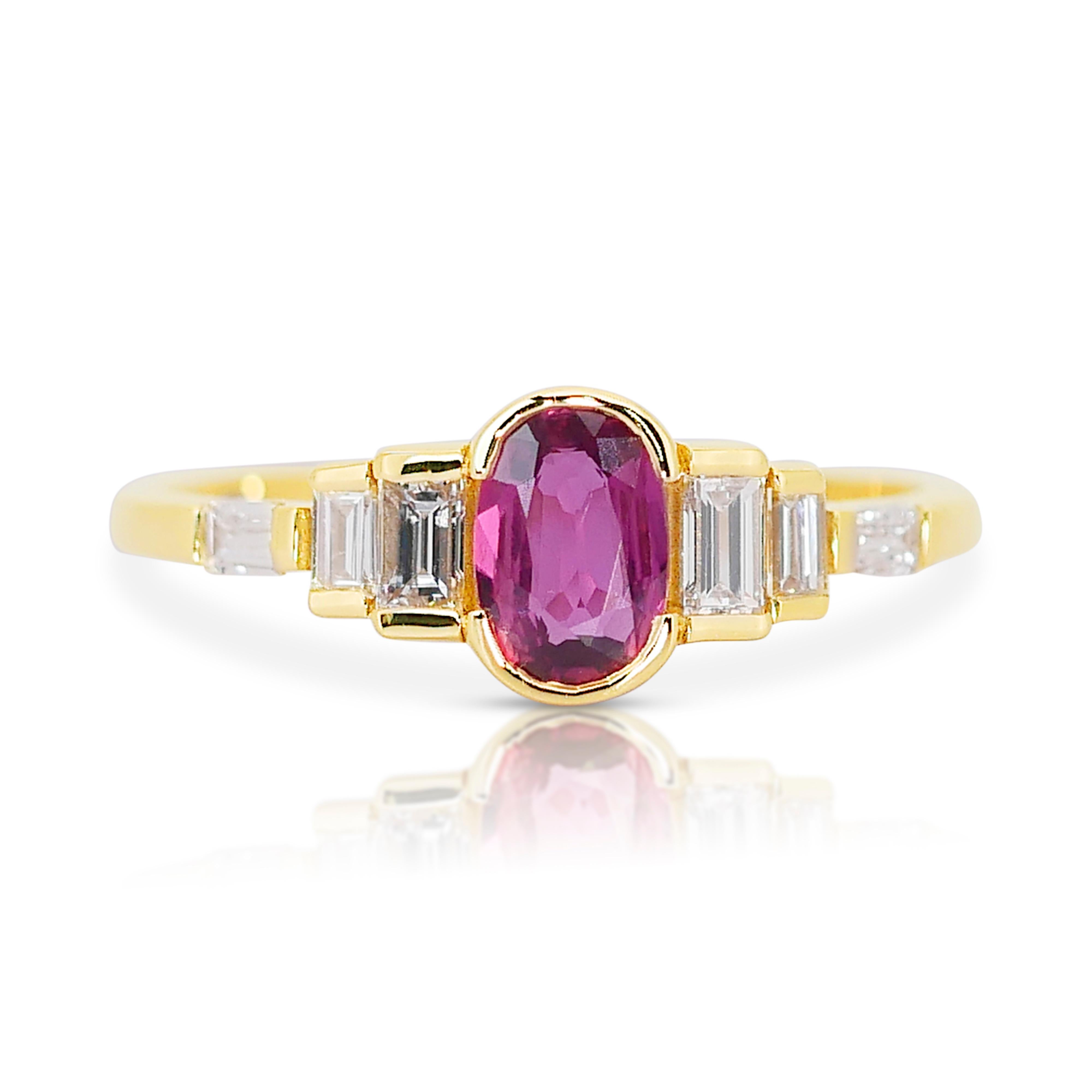 Mixed Cut Gleaming 18k Yellow Gold Ruby and Diamond Pave Ring w/1.09 ct - IGI Certified For Sale