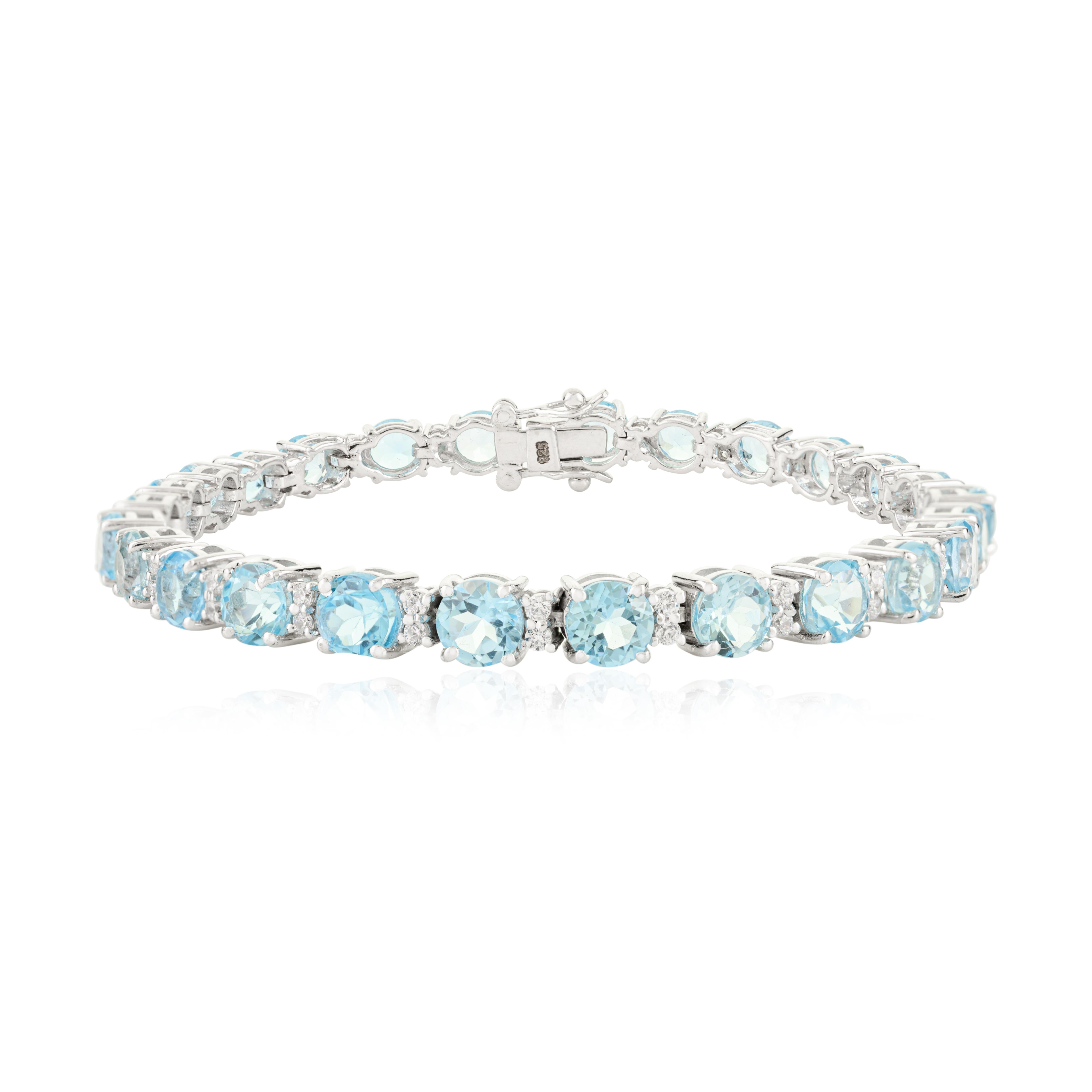 Bracciale classico tennis in argento con topazio blu e ctc, regalo per la damigella d'onore in vendita 1