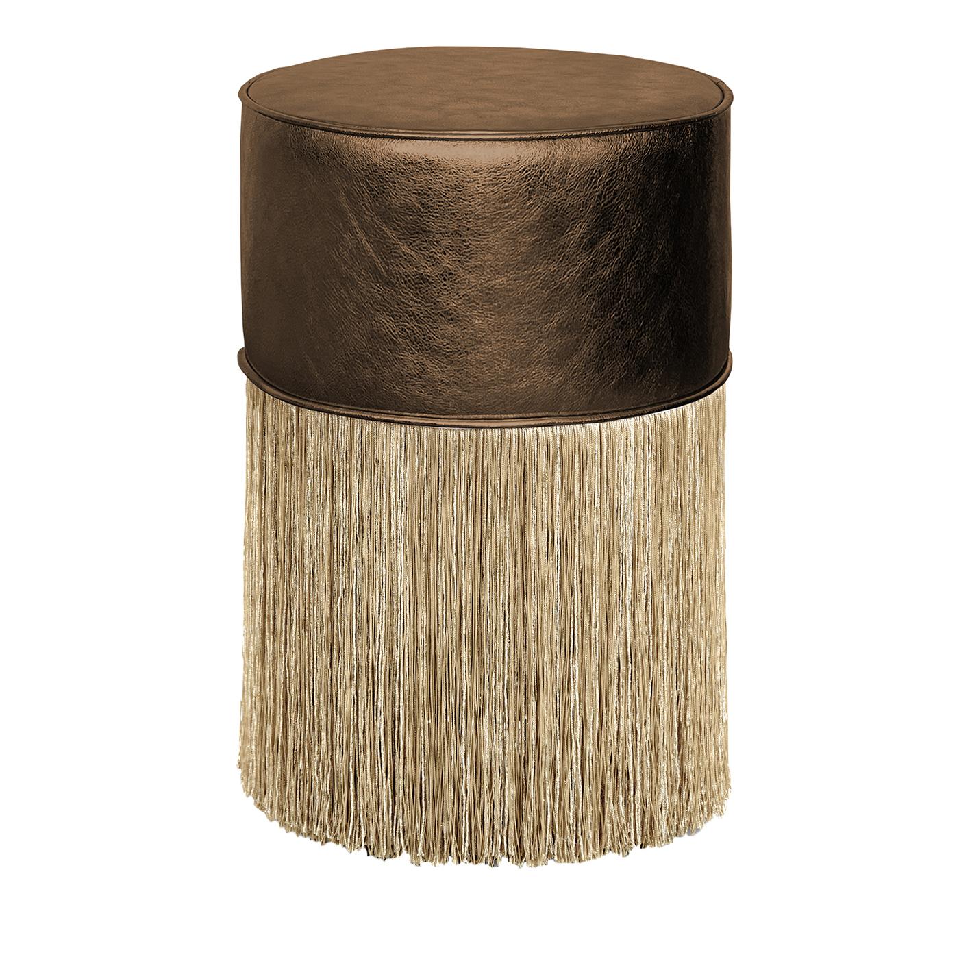 italien Pouf en cuir Brown à franges dorées par Lorenza Bozzoli en vente