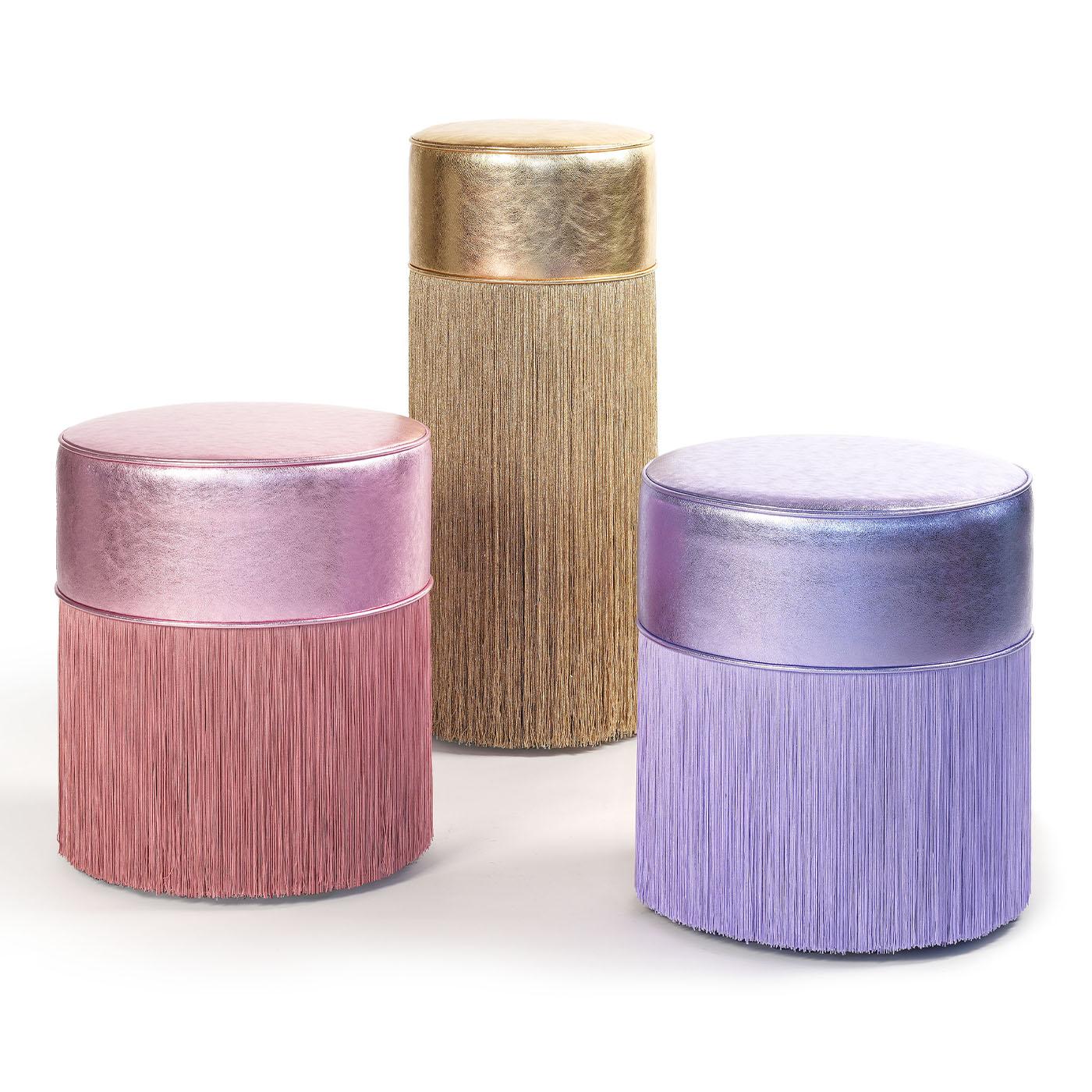 Italian Gleaming Gold Metallic Leather with Lurex Fringes Pouf by Lorenza Bozzoli