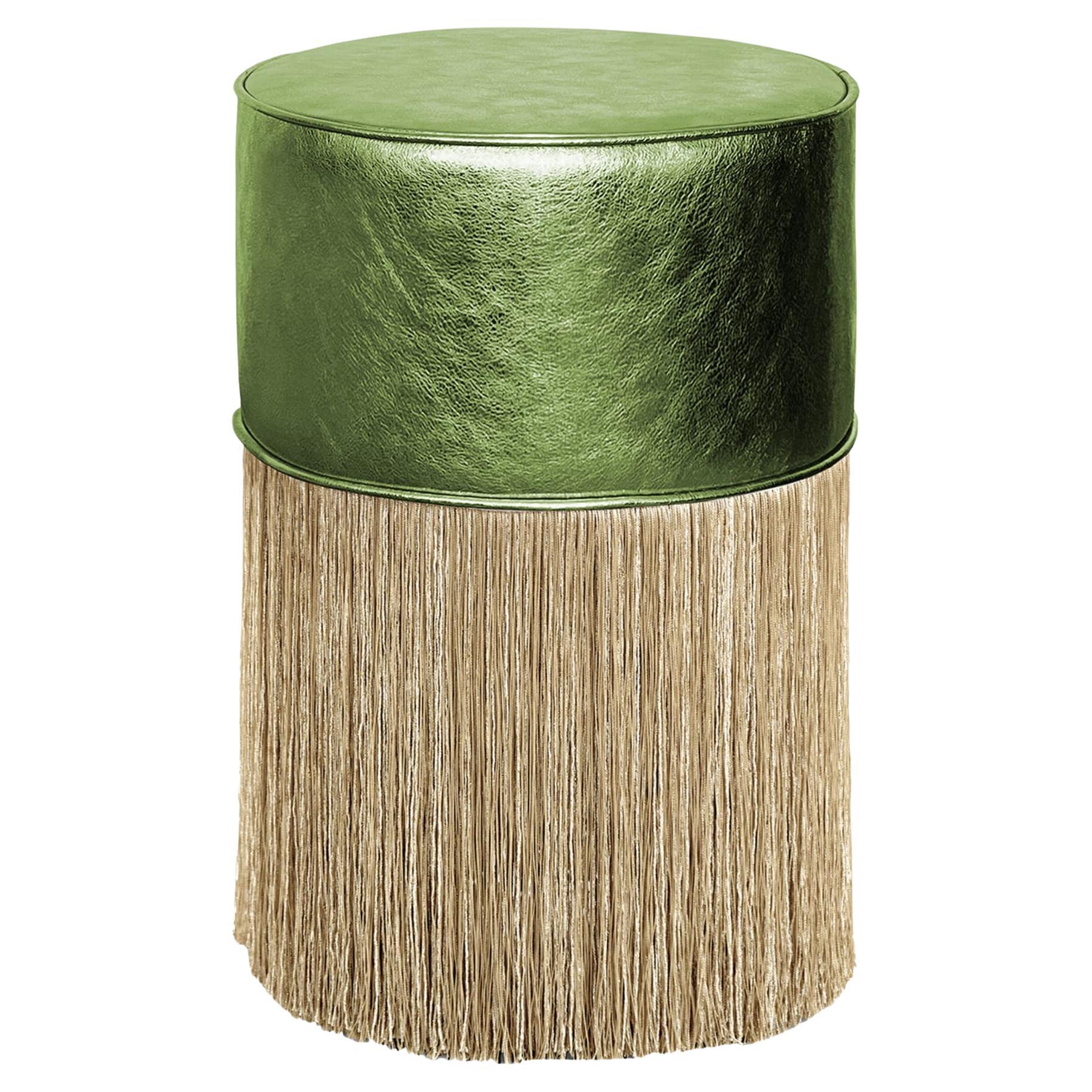Gleaming Green Leather Gold Fringes Pouf by Lorenza Bozzoli For Sale