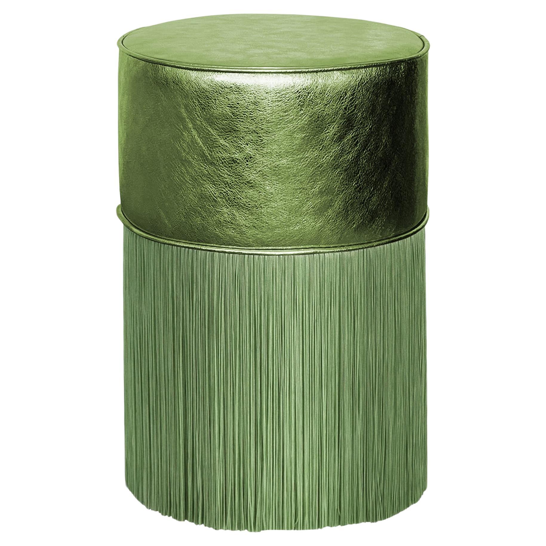 Gleaming Green Metallic Leather Pouf by Lorenza Bozzoli For Sale